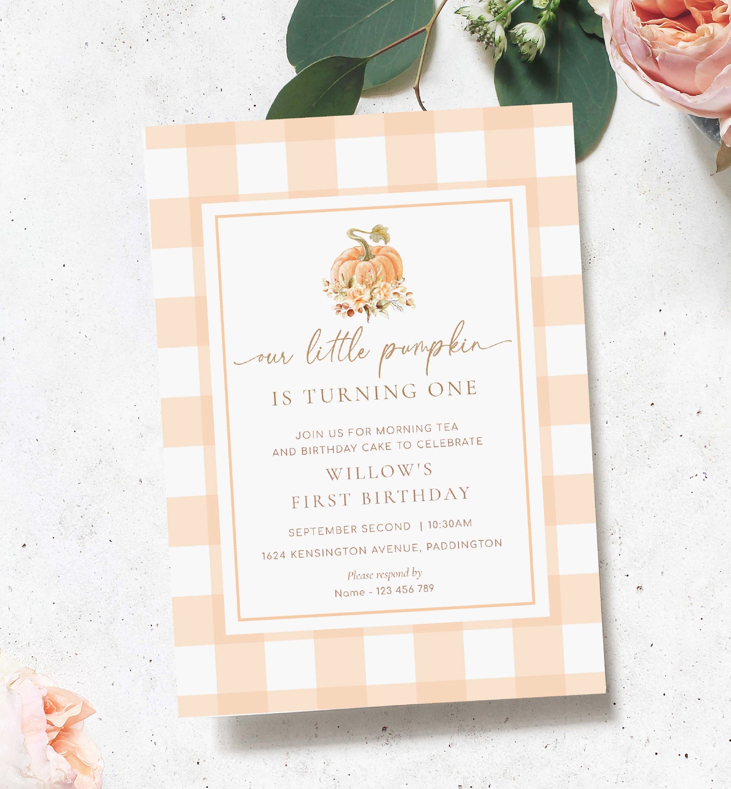 Our Little Pumpkin Is Turning One, Autumn Fall First Birthday Printable Invite, Peach Gingham Check, Girl 1st Birthday Invite, Fall Floral