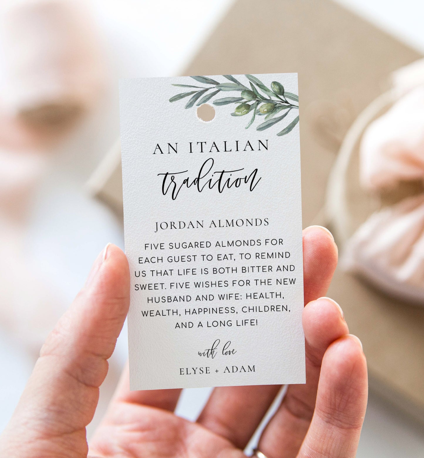 An Italian Tradition Favor Tag, Printable Jordan Almonds Tag, Olive Leaves Sugared Almonds Wedding Favor Tag, Wedding Favor Tag, Olive Grove