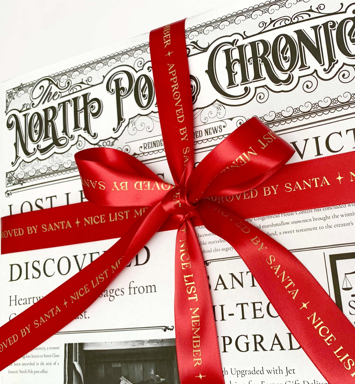 Nice List Member Approved By Santa Satin Ribbon, Red Gold, 25mm Wide Woven Edge Satin Ribbon, Christmas Decorations Craft and Wrap, Bows Presents Wrapping Ribbon
