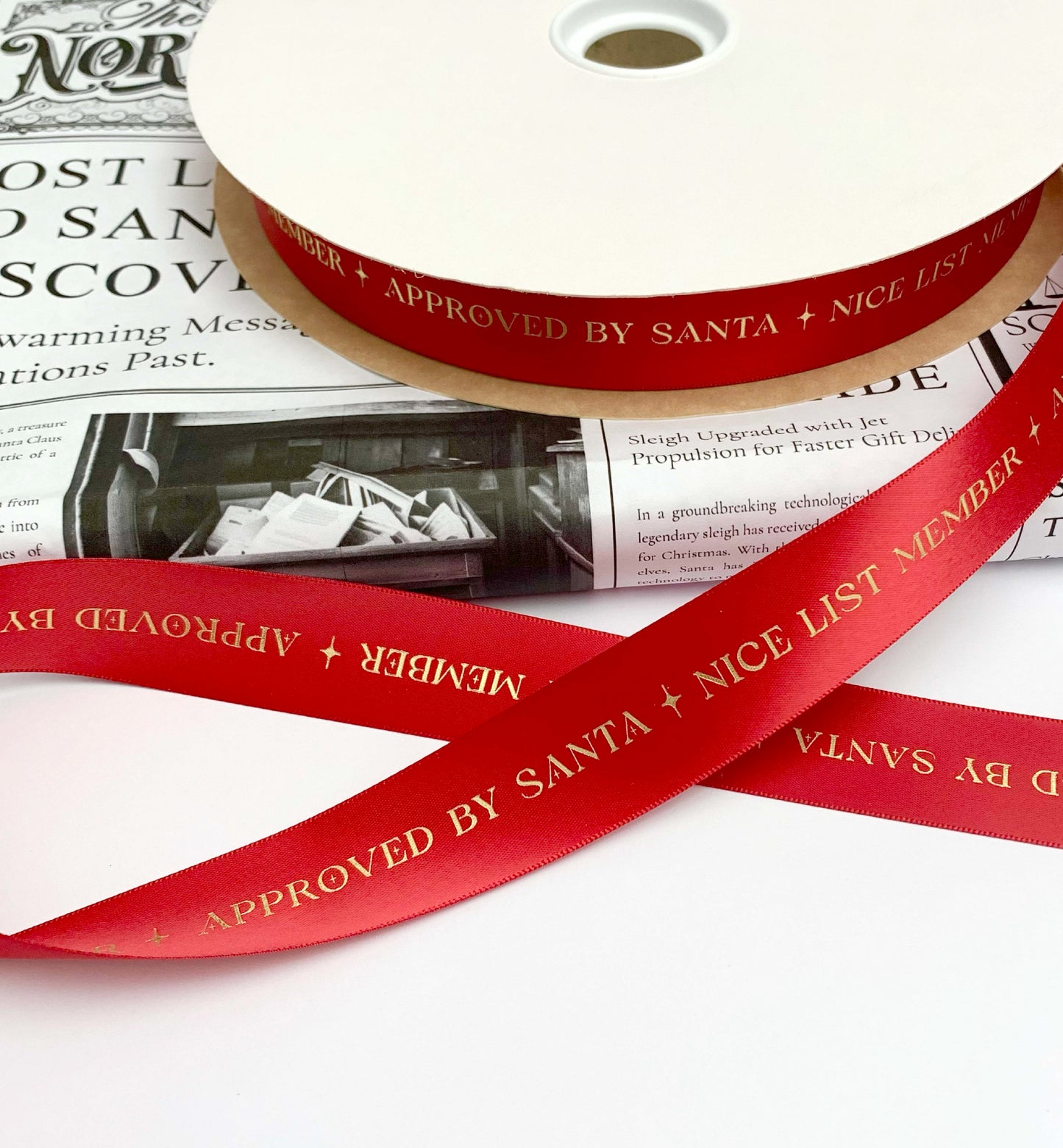 Nice List Member Approved By Santa Satin Ribbon, Red Gold, 25mm Wide Woven Edge Satin Ribbon, Christmas Decorations Craft and Wrap, Bows Presents Wrapping Ribbon