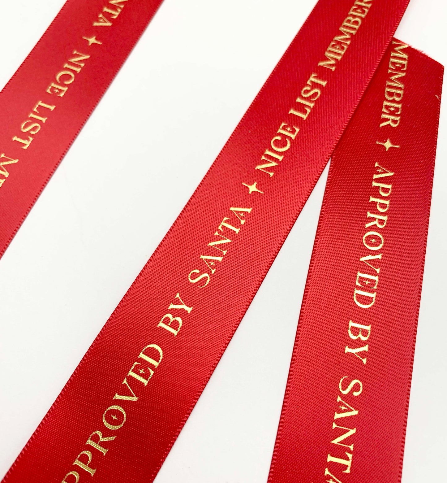 Nice List Member Approved By Santa Satin Ribbon, Red Gold, 25mm Wide Woven Edge Satin Ribbon, Christmas Decorations Craft and Wrap, Bows Presents Wrapping Ribbon