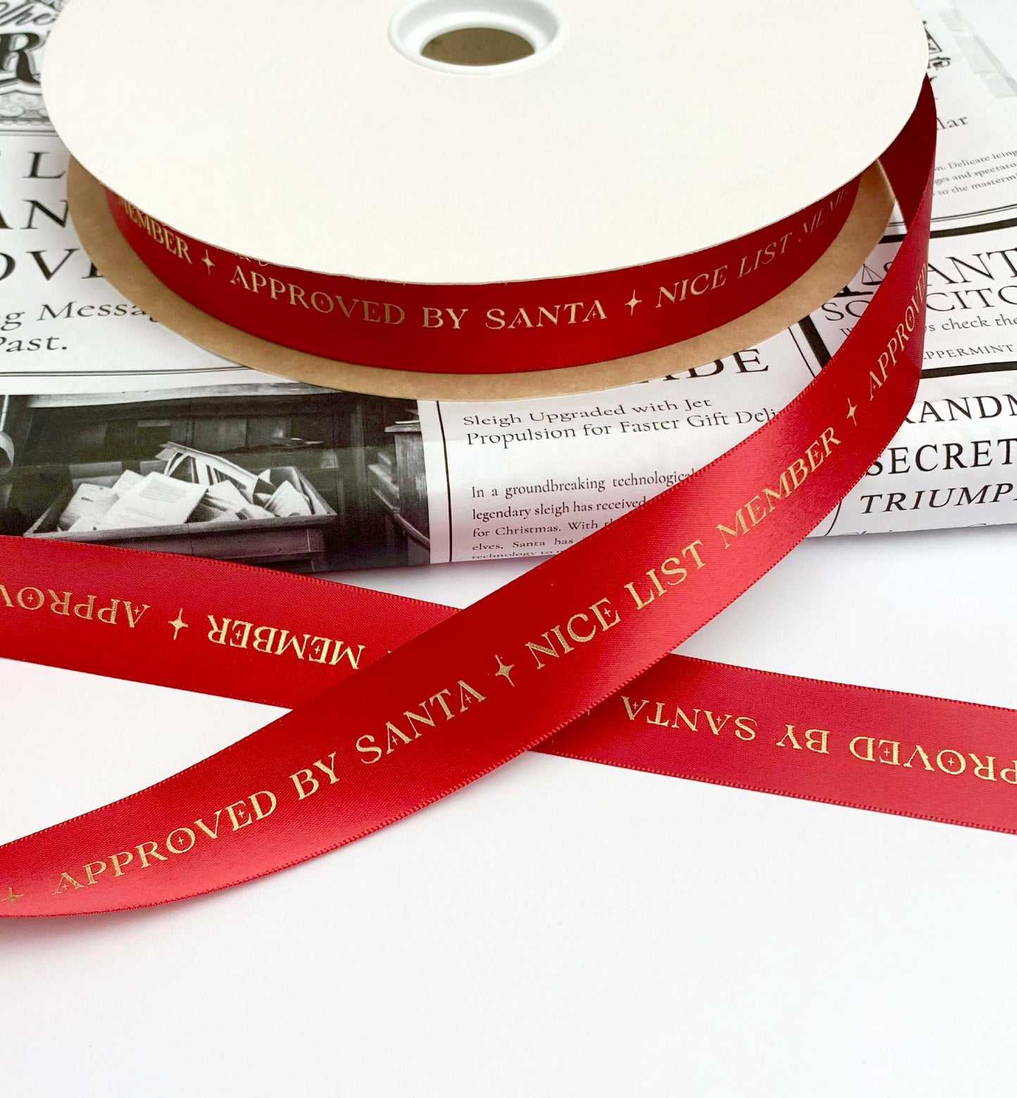 Nice List Member Approved By Santa Satin Ribbon, Red Gold, 25mm Wide Woven Edge Satin Ribbon, Christmas Decorations Craft and Wrap, Bows Presents Wrapping Ribbon