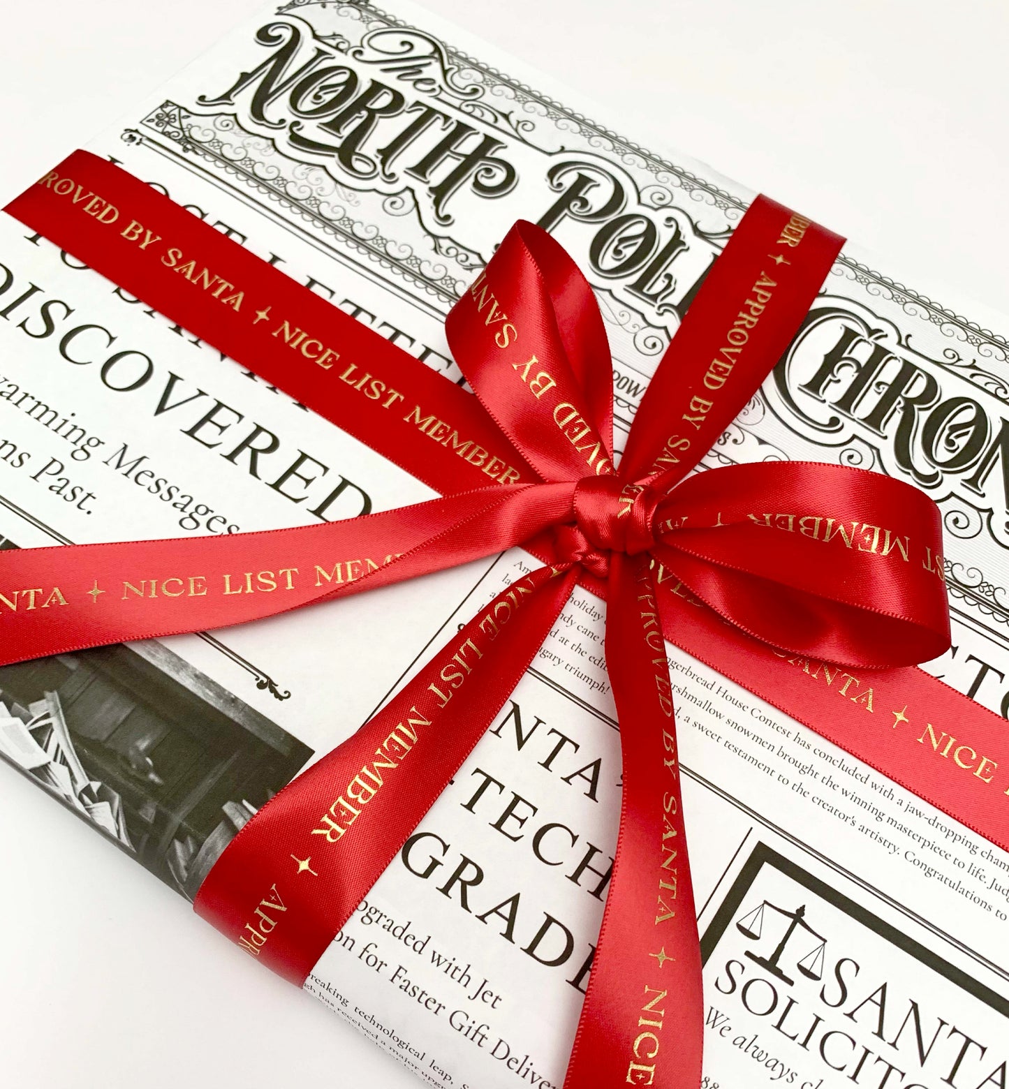 Nice List Member Approved By Santa Satin Ribbon, Red Gold, 25mm Wide Woven Edge Satin Ribbon, Christmas Decorations Craft and Wrap, Bows Presents Wrapping Ribbon