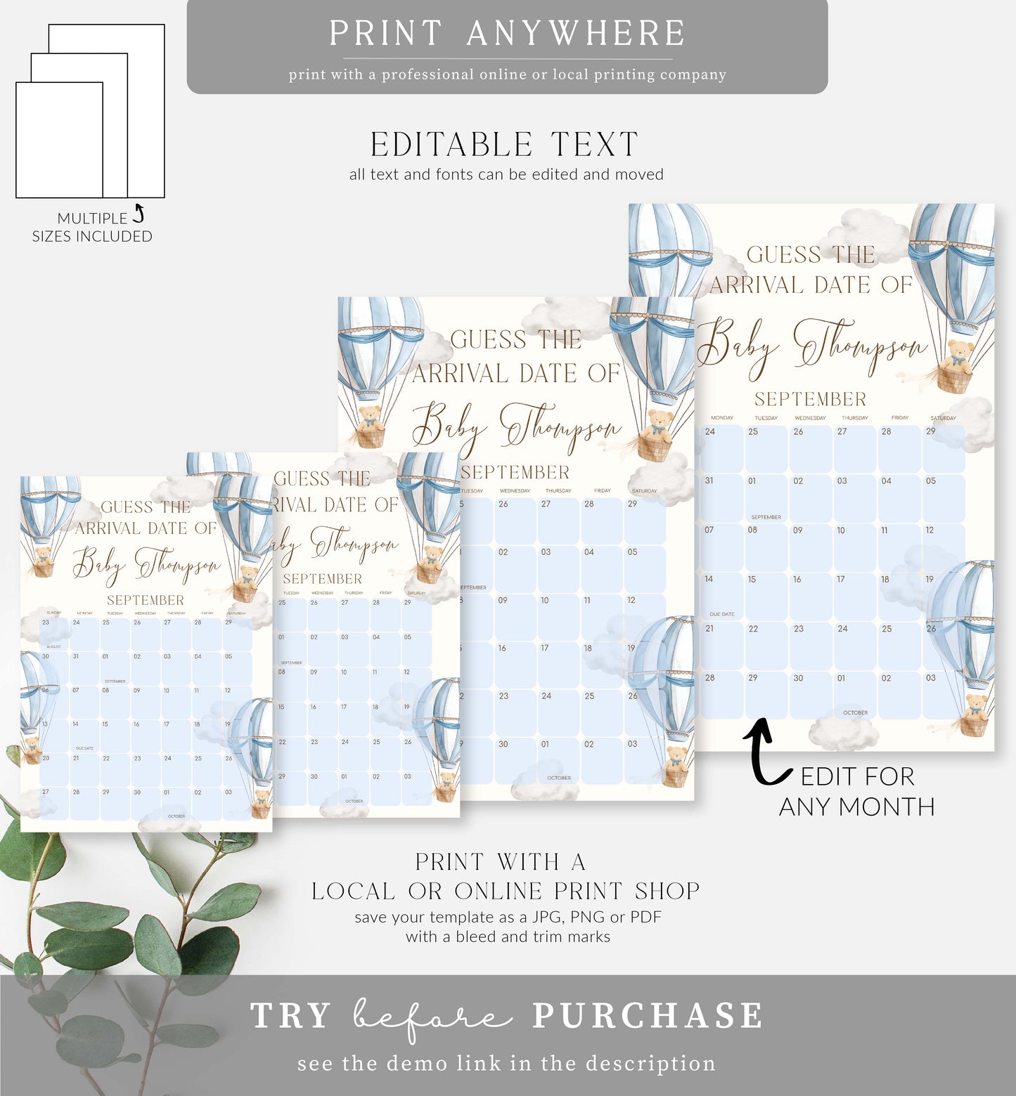 Bearly Wait Blue | Printable Arrival Date Baby Shower Game Sign