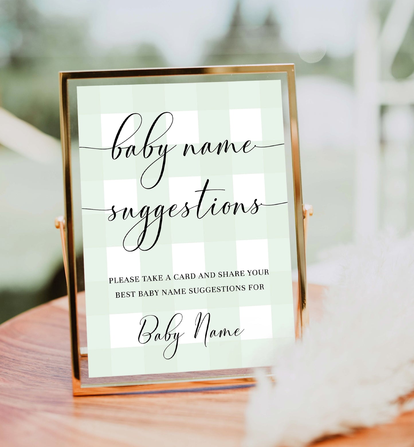Baby Name Suggestions Card and Sign Template, Mint Green Gingham Check, Printable Baby Name Ideas Game, Gender Neutral Baby Shower Game