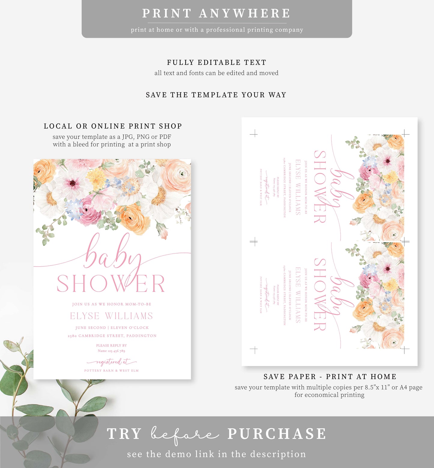 Millie Floral White | Printable Baby Shower Invitation Template