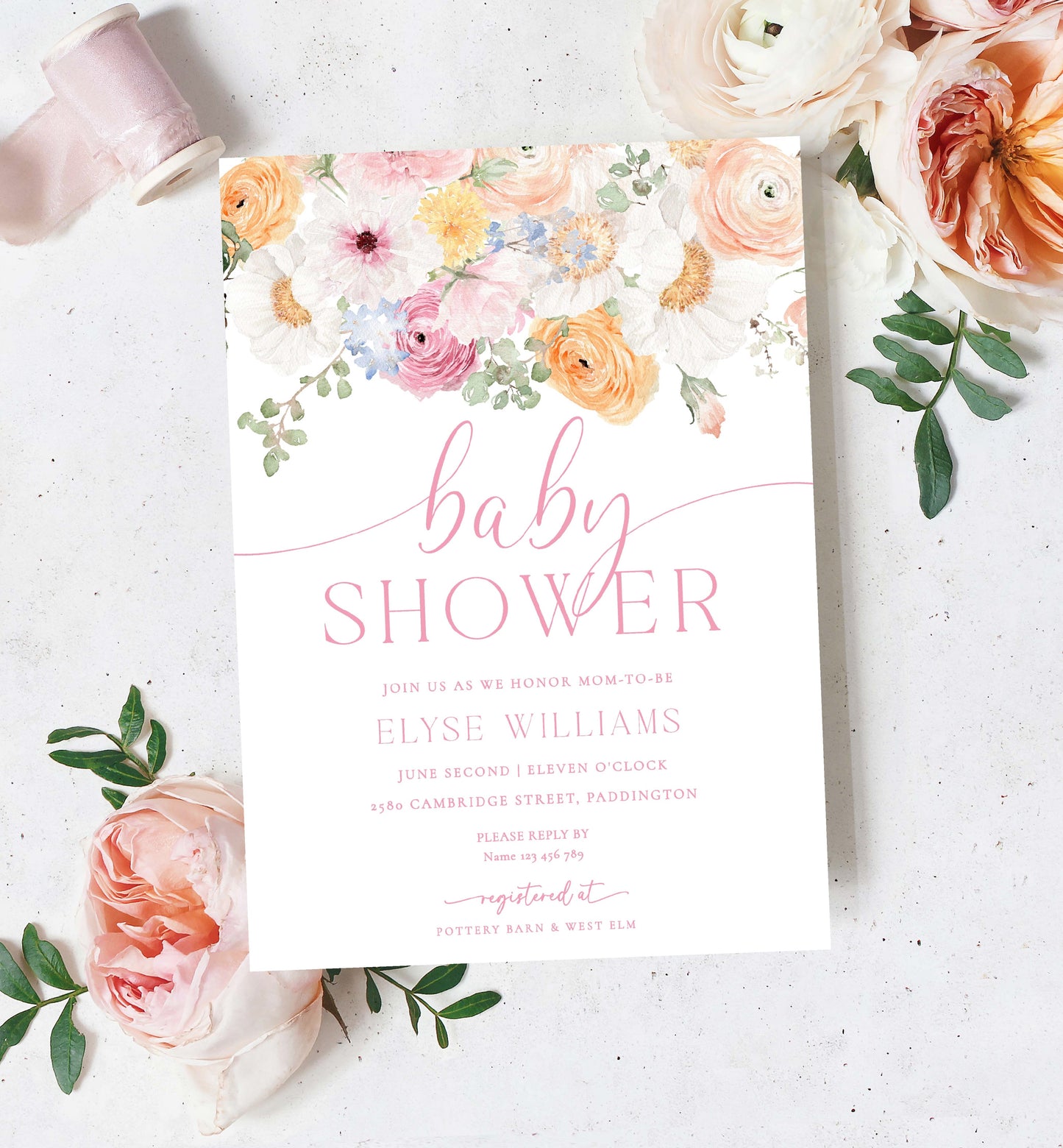 Printable Baby Shower Invitation Template, Editable Floral Girl Baby Shower, Prink Spring Floral Baby Shower, Boho Wildflower, Millie