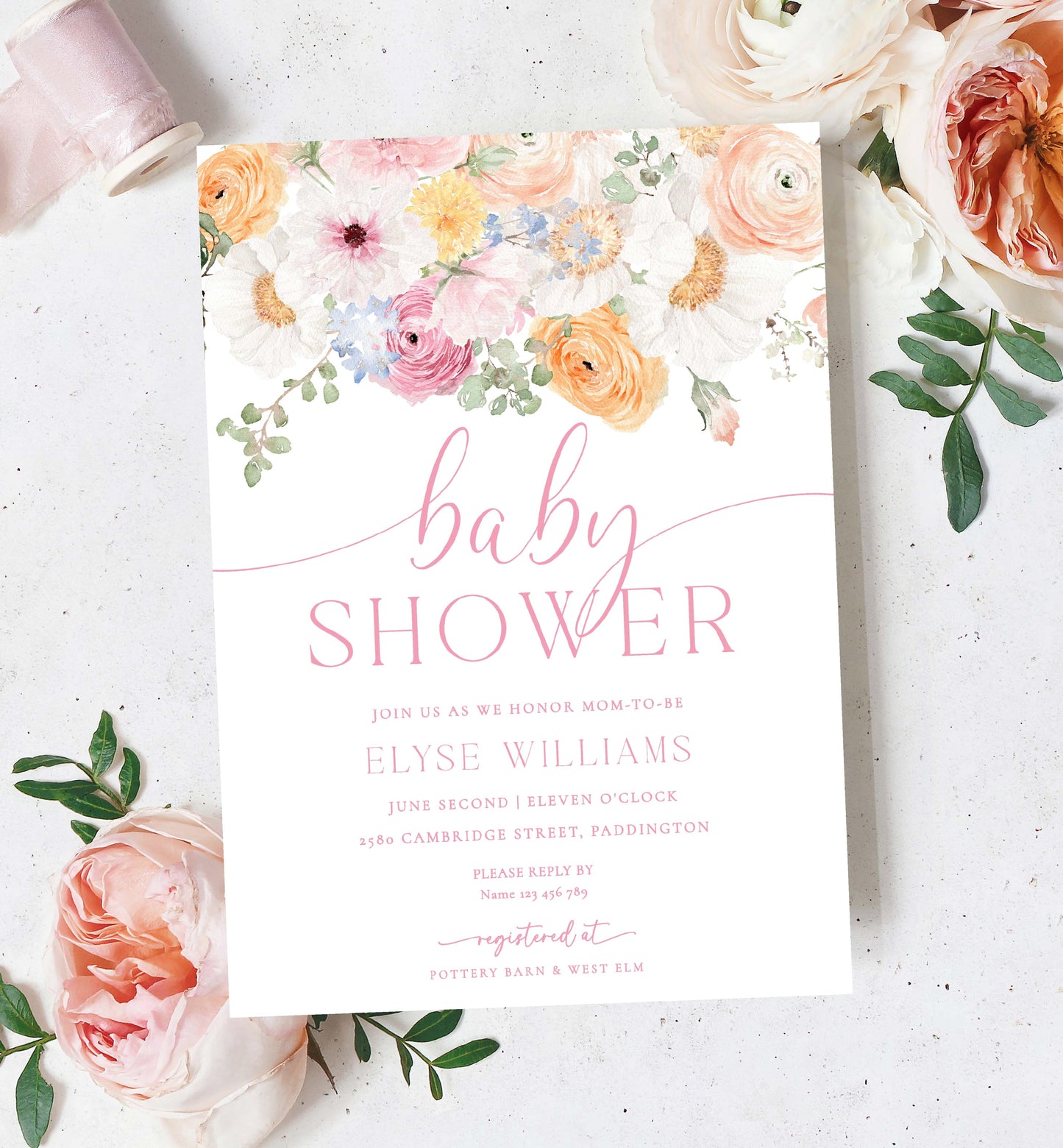 Printable Baby Shower Invitation Template, Editable Floral Girl Baby Shower, Prink Spring Floral Baby Shower, Boho Wildflower, Millie