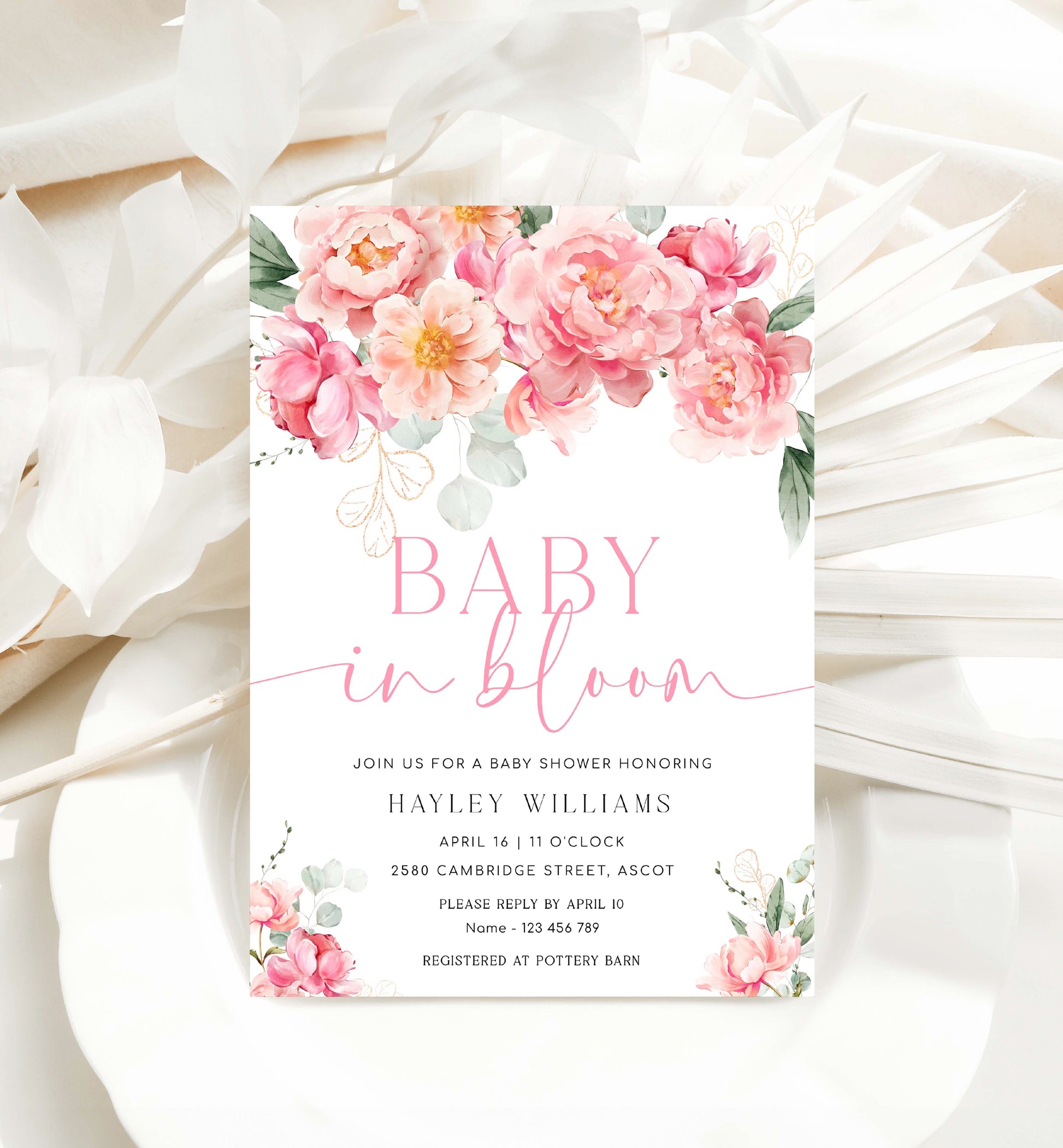 Printable Baby In Bloom Invitation Template, Editable Hot Pink Peony Baby Shower Invitation, Spring Floral Girl Baby Shower Evite, Piper