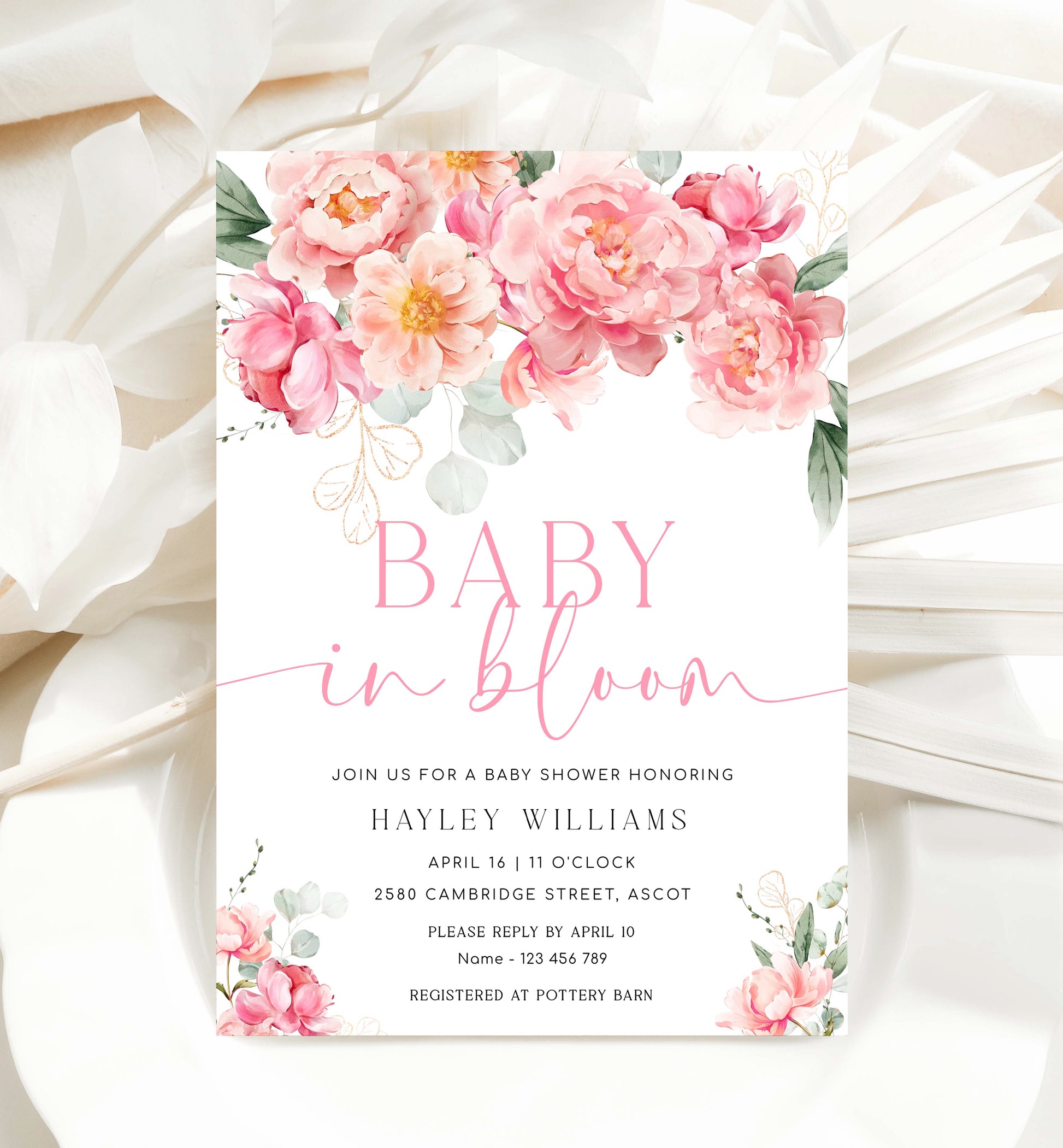 Printable Baby In Bloom Invitation Template, Editable Hot Pink Peony Baby Shower Invitation, Spring Floral Girl Baby Shower Evite, Piper