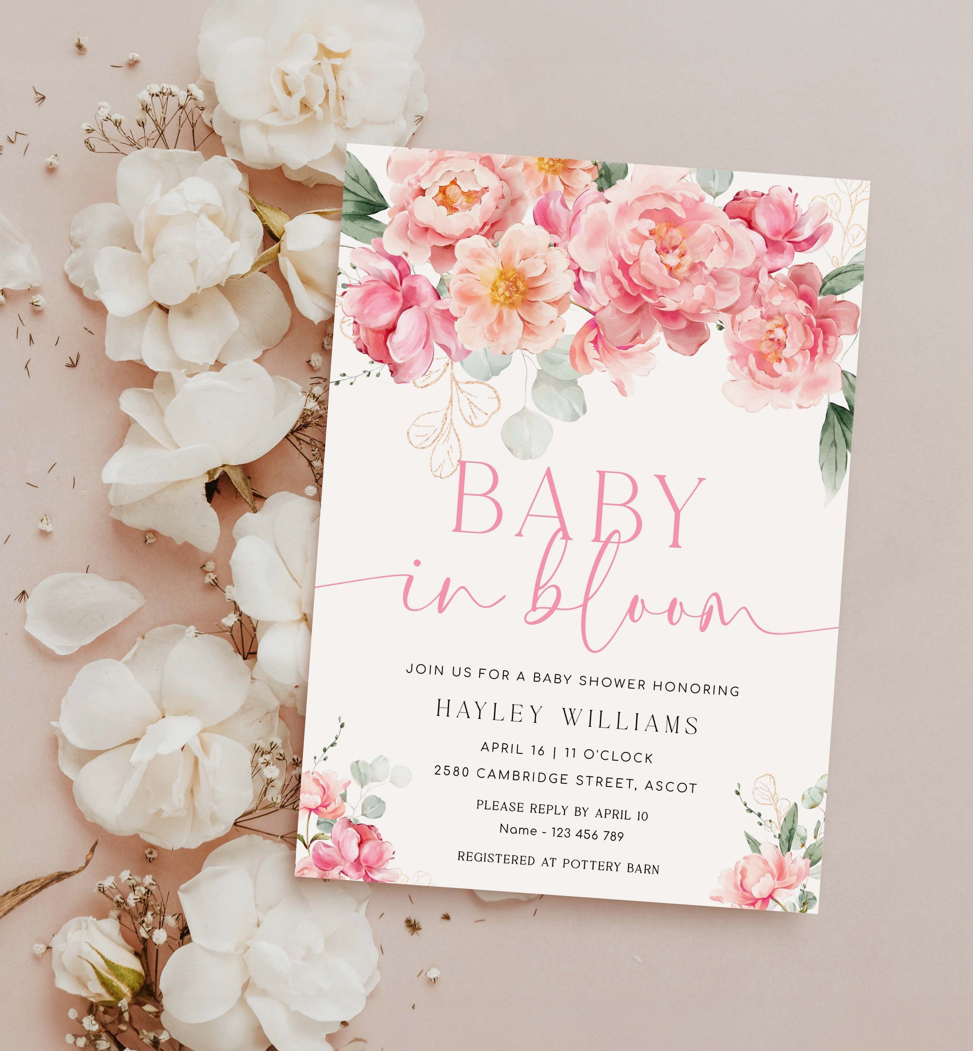 Printable Baby In Bloom Invitation Template, Editable Hot Pink Peony Baby Shower Invitation, Spring Floral Girl Baby Shower Evite, Piper