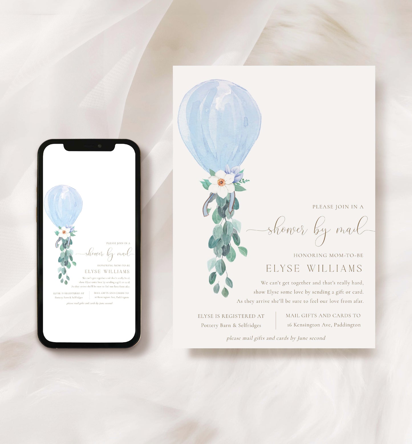 Shower By Mail Printable Invitation Template, Blue Balloon Boy Long Distance Baby Shower, Editable Baby Shower Invitation, Darlington