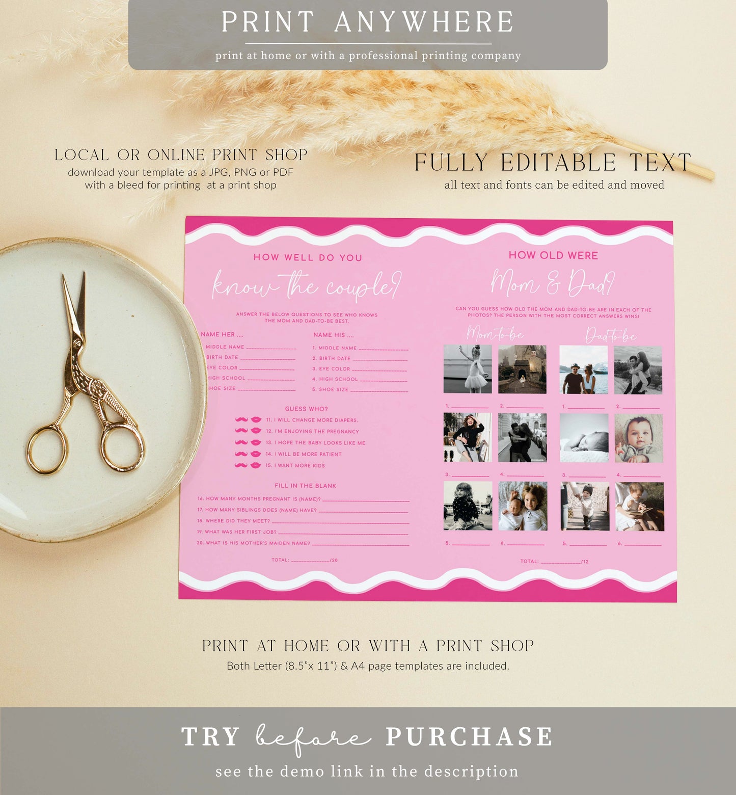 Wave Hot Pink | Printable Baby Shower Games Booklet Template