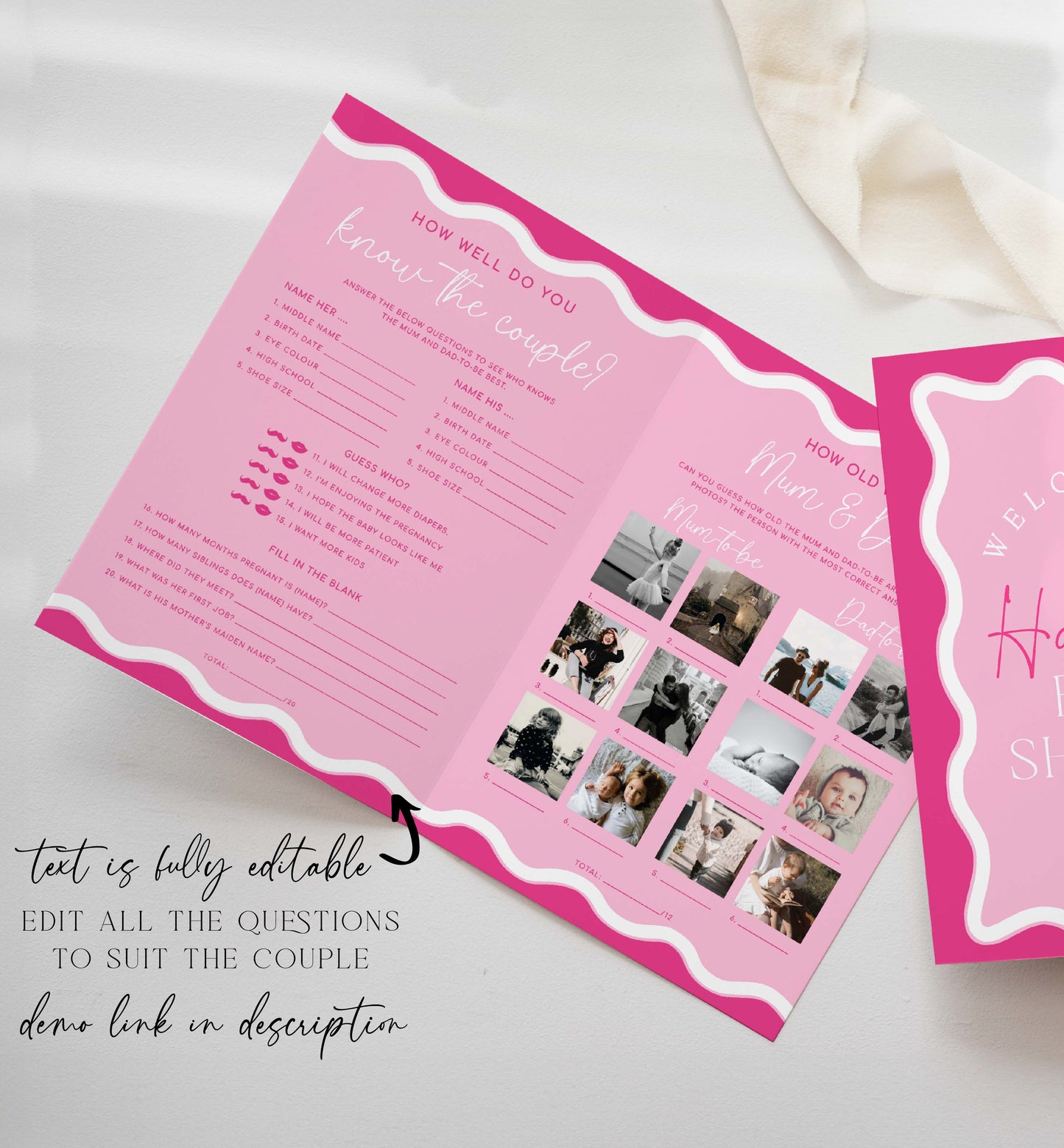 Hot Pink Wavy Baby Shower Games Booklet, Modern Wavy Line Baby Shower Game, Printable Baby Predictions Game, Girl Baby Shower Games, Wave