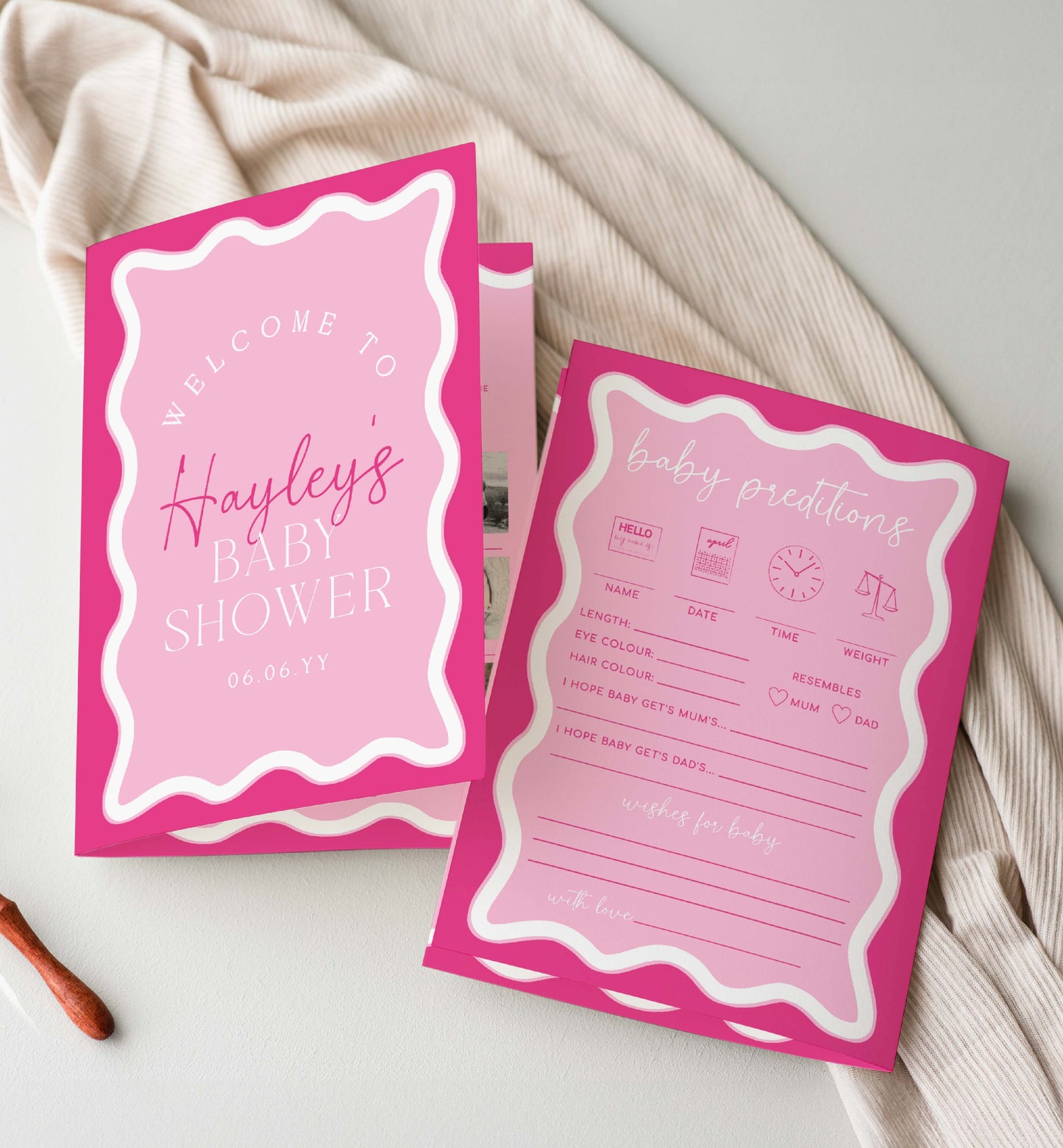Hot Pink Wavy Baby Shower Games Booklet, Modern Wavy Line Baby Shower Game, Printable Baby Predictions Game, Girl Baby Shower Games, Wave