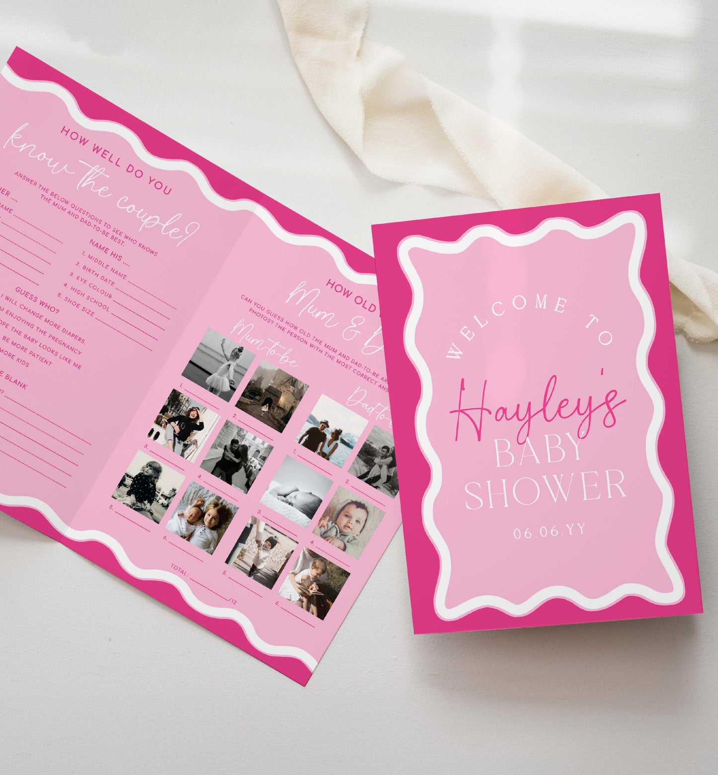 Hot Pink Wavy Baby Shower Games Booklet, Modern Wavy Line Baby Shower Game, Printable Baby Predictions Game, Girl Baby Shower Games, Wave