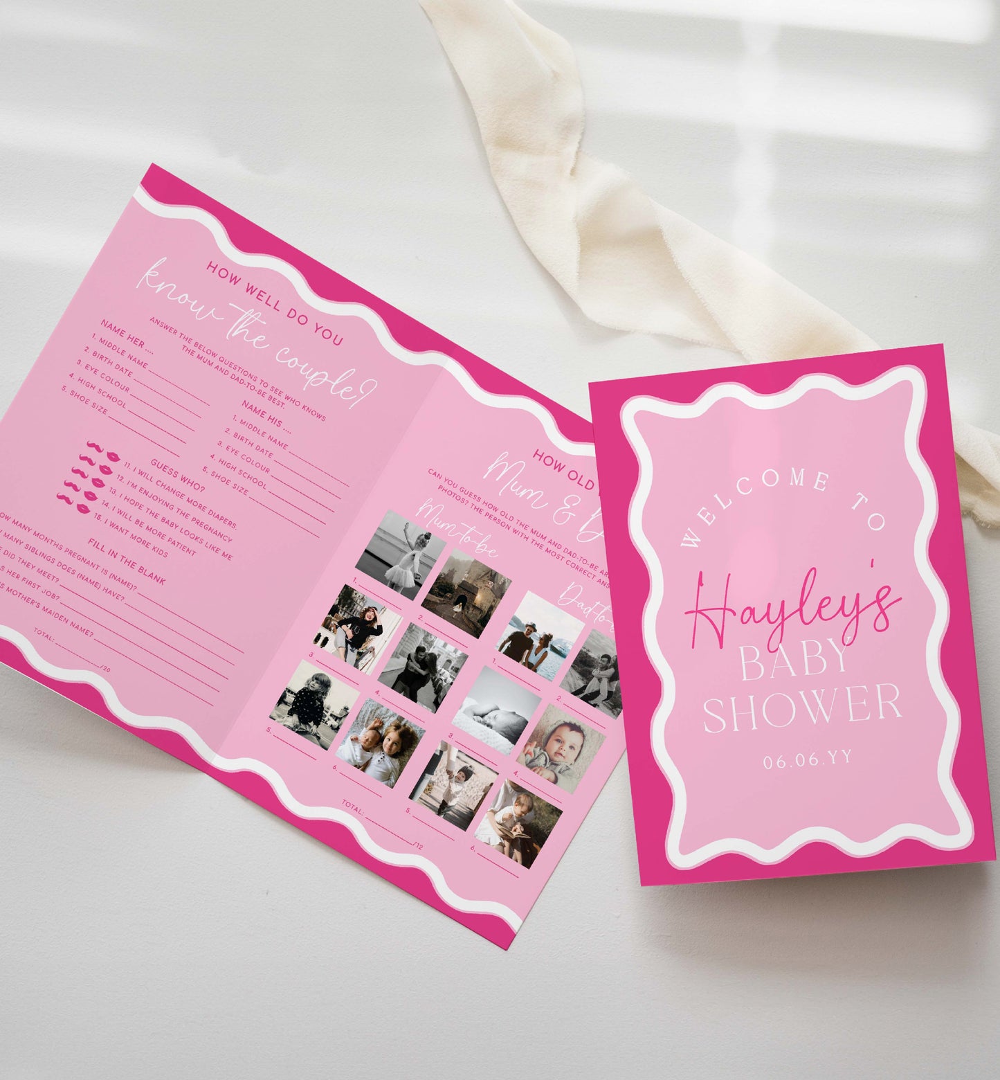 Hot Pink Wavy Baby Shower Games Booklet, Modern Wavy Line Baby Shower Game, Printable Baby Predictions Game, Girl Baby Shower Games, Wave