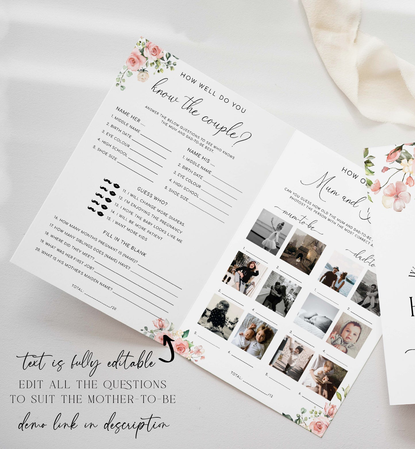 Baby Shower Menu and Games Booklet, Spring Floral Printable Baby Shower Game, Printable Menu Template, Girl Baby Shower Games, Darcy