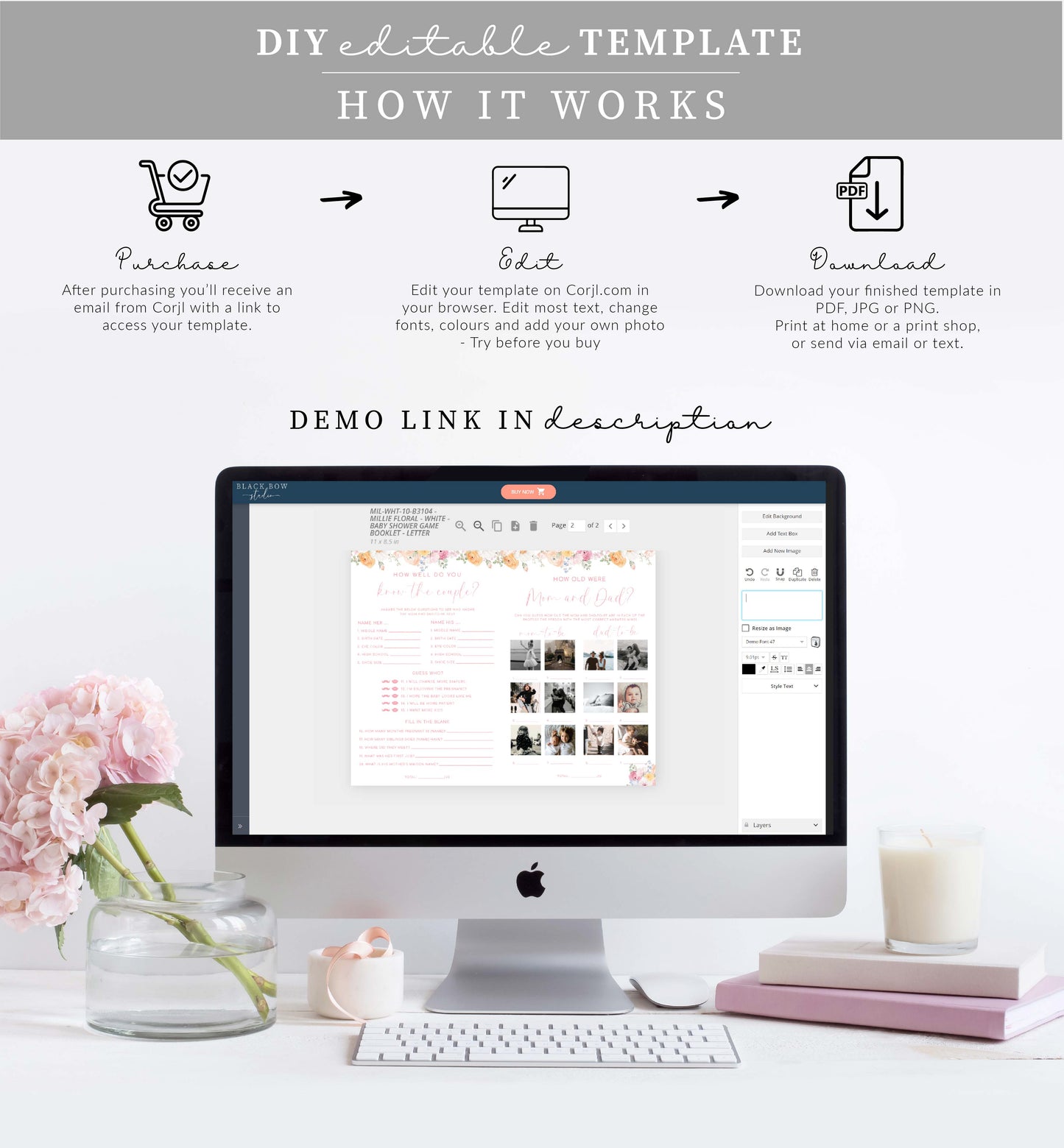 Millie Floral | Printable Baby Shower Game and Menu Booklet Template
