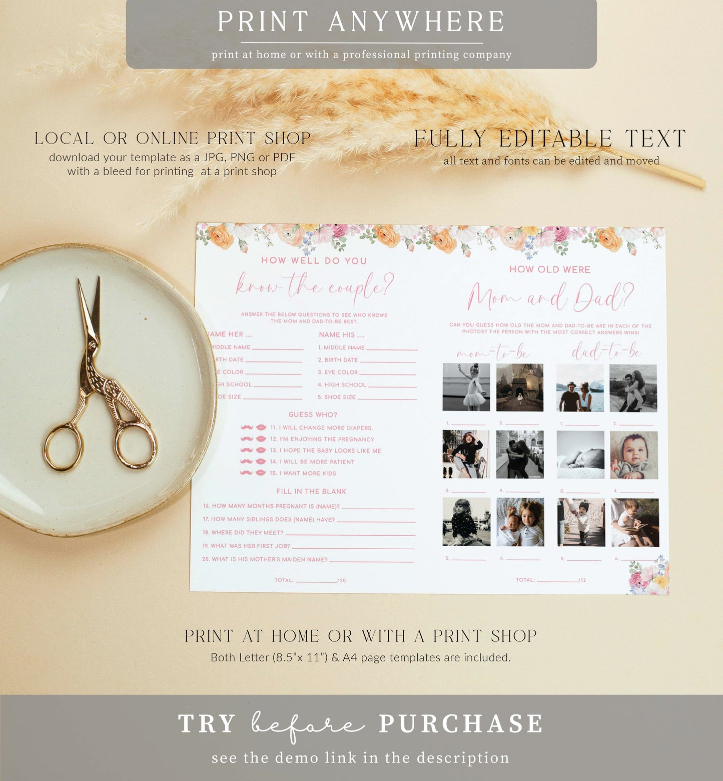 Millie Floral | Printable Baby Shower Game and Menu Booklet Template