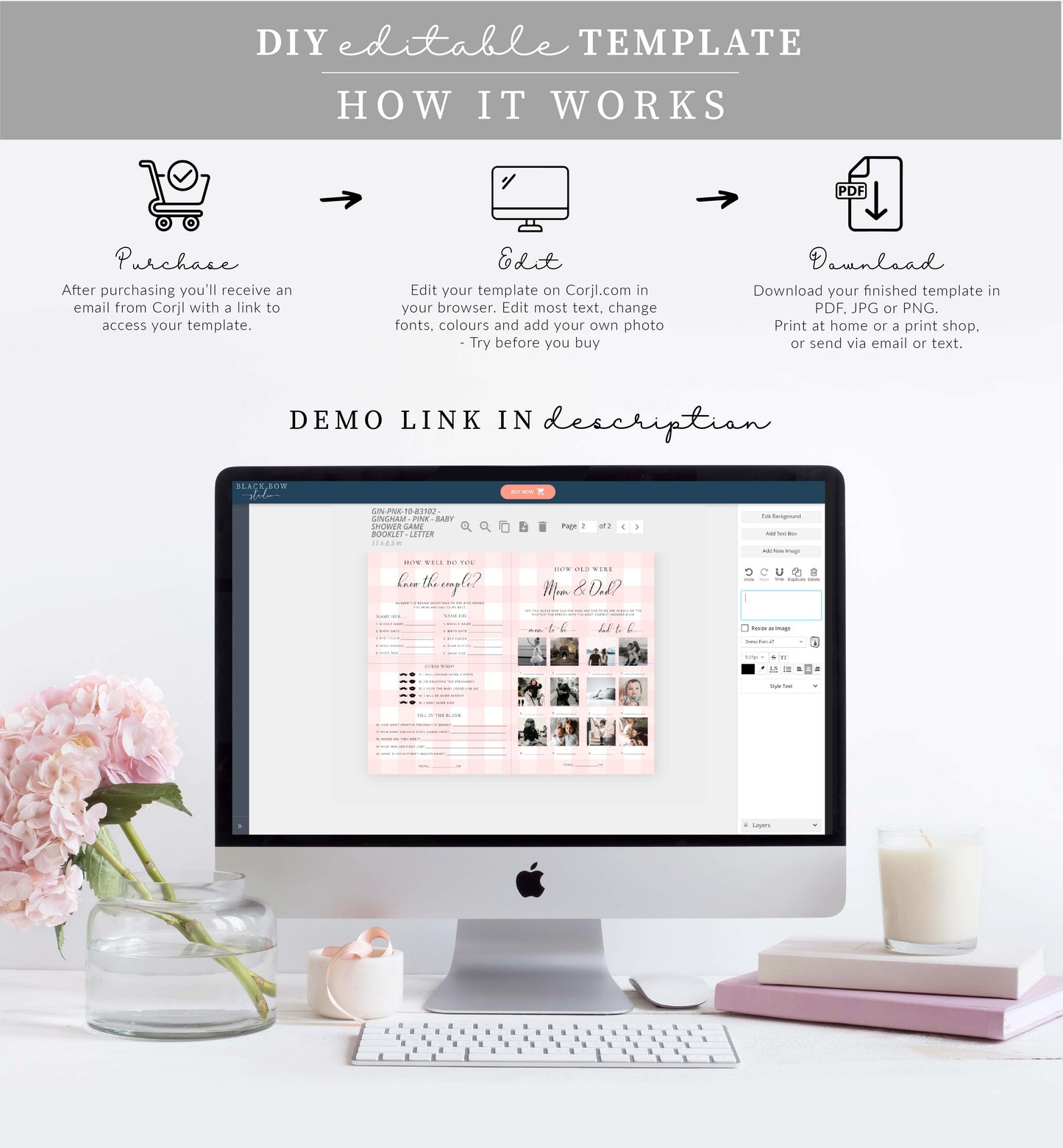 Gingham Pink | Printable Baby Shower Game and Menu Booklet Template
