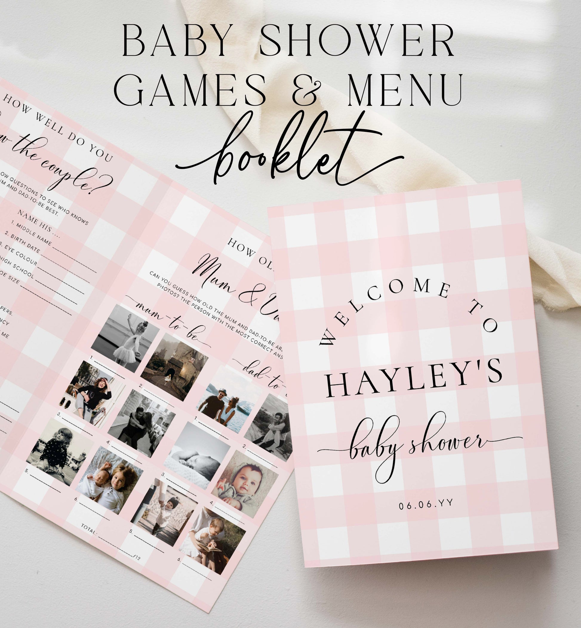 Pink Gingham Baby Shower Menu and Games Booklet, Printable Baby Shower Game, Printable Menu Template, Girl Baby Shower Games