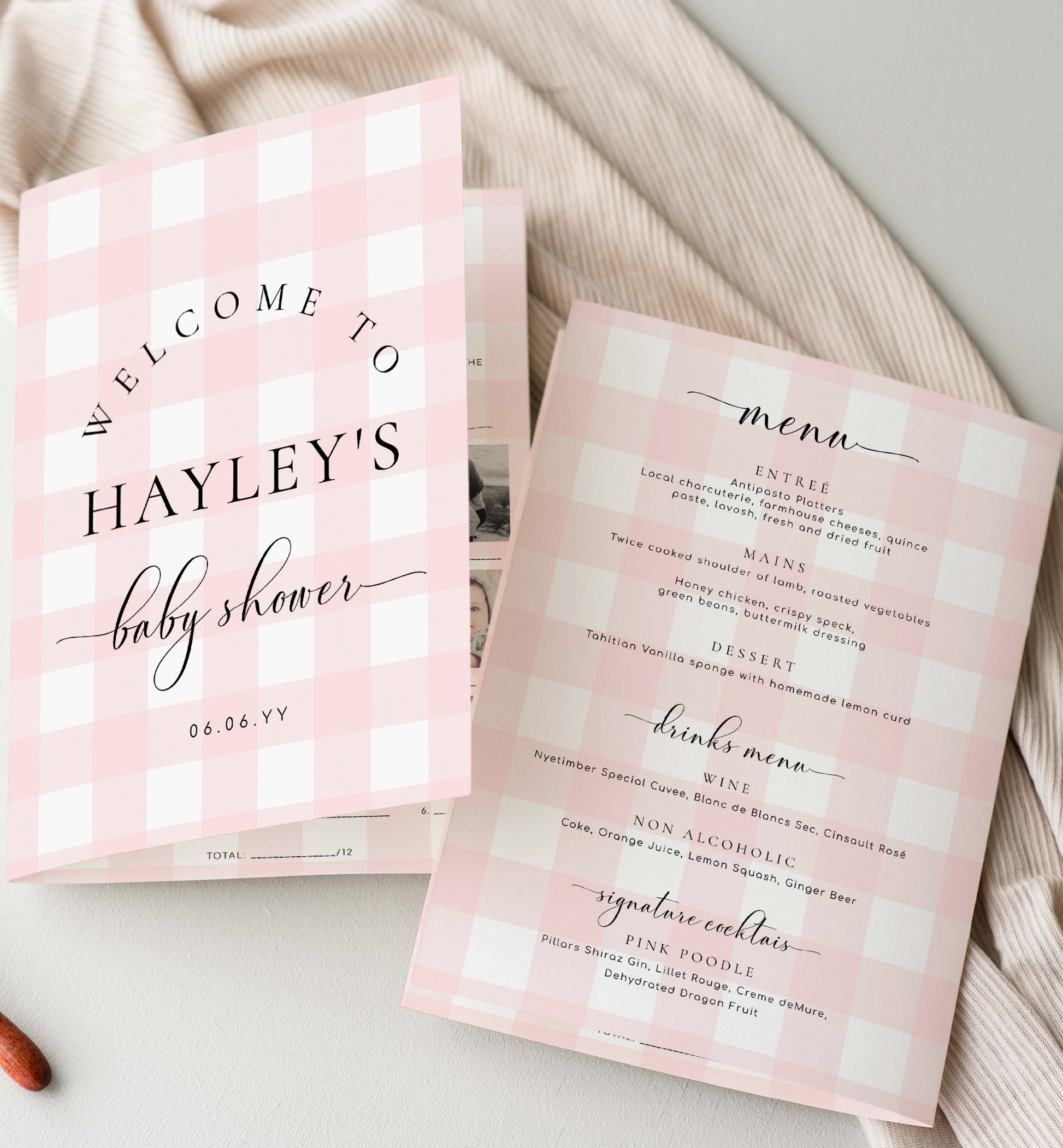 Pink Gingham Baby Shower Menu and Games Booklet, Printable Baby Shower Game, Printable Menu Template, Girl Baby Shower Games