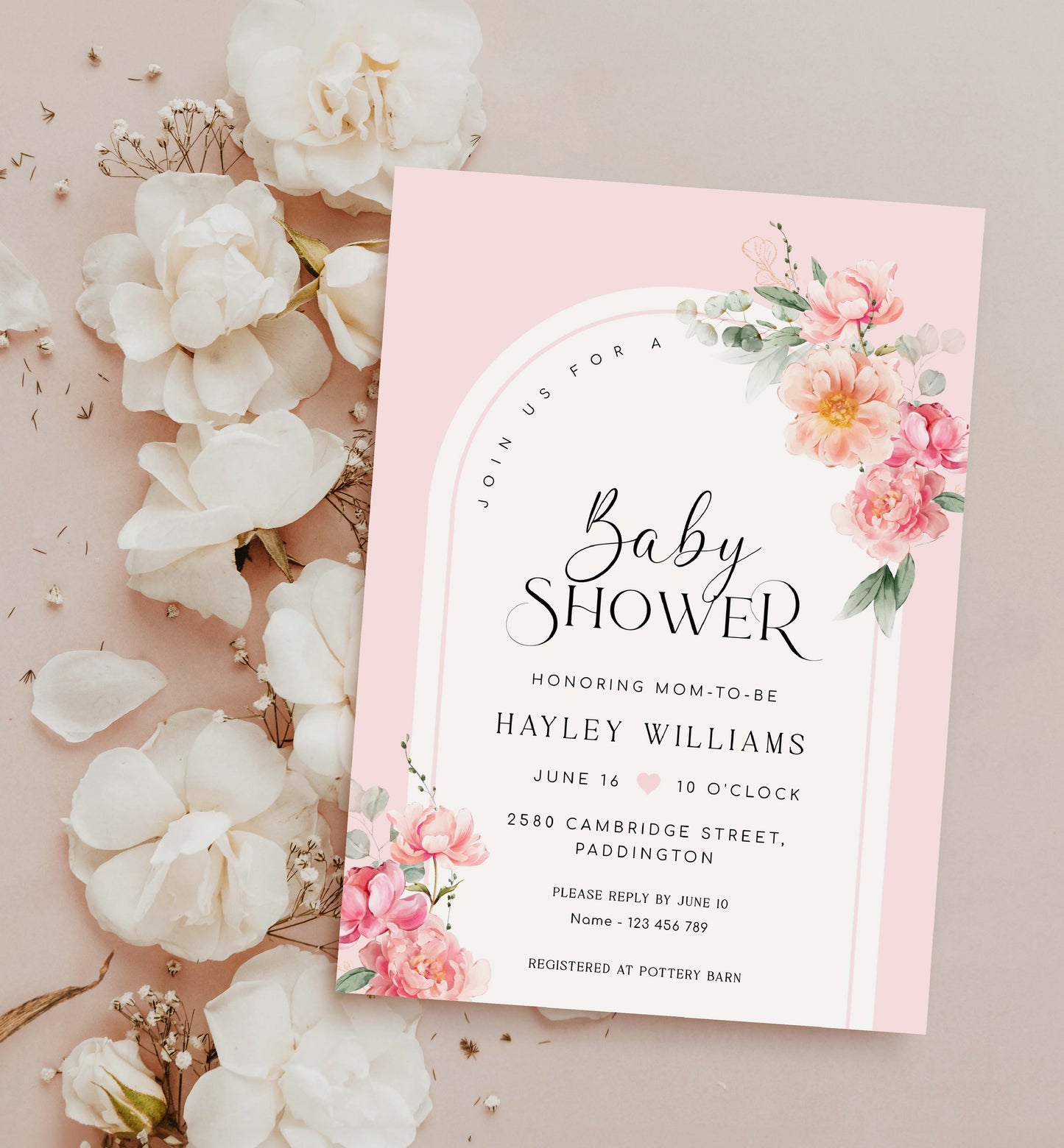 Printable Baby Shower Invitation Template, Editable Hot Pink Peony Baby Shower Arch Invitation, Spring Floral Girl Baby Shower Evite, Piper