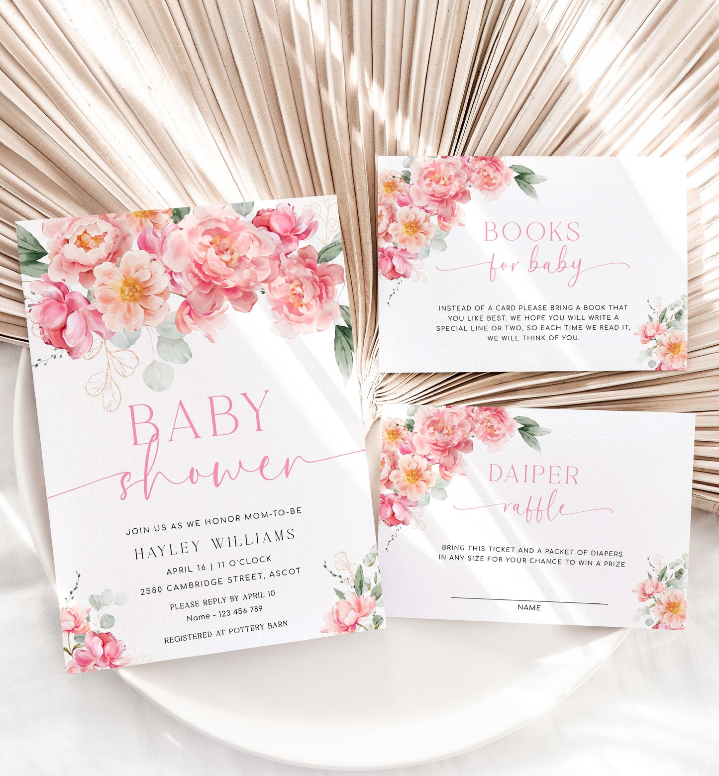 Printable Baby Shower Invitation, Book Request, Raffle Ticket, Details Card, Hot Pink Peony, Spring Floral Girl Baby Shower Evite, Piper