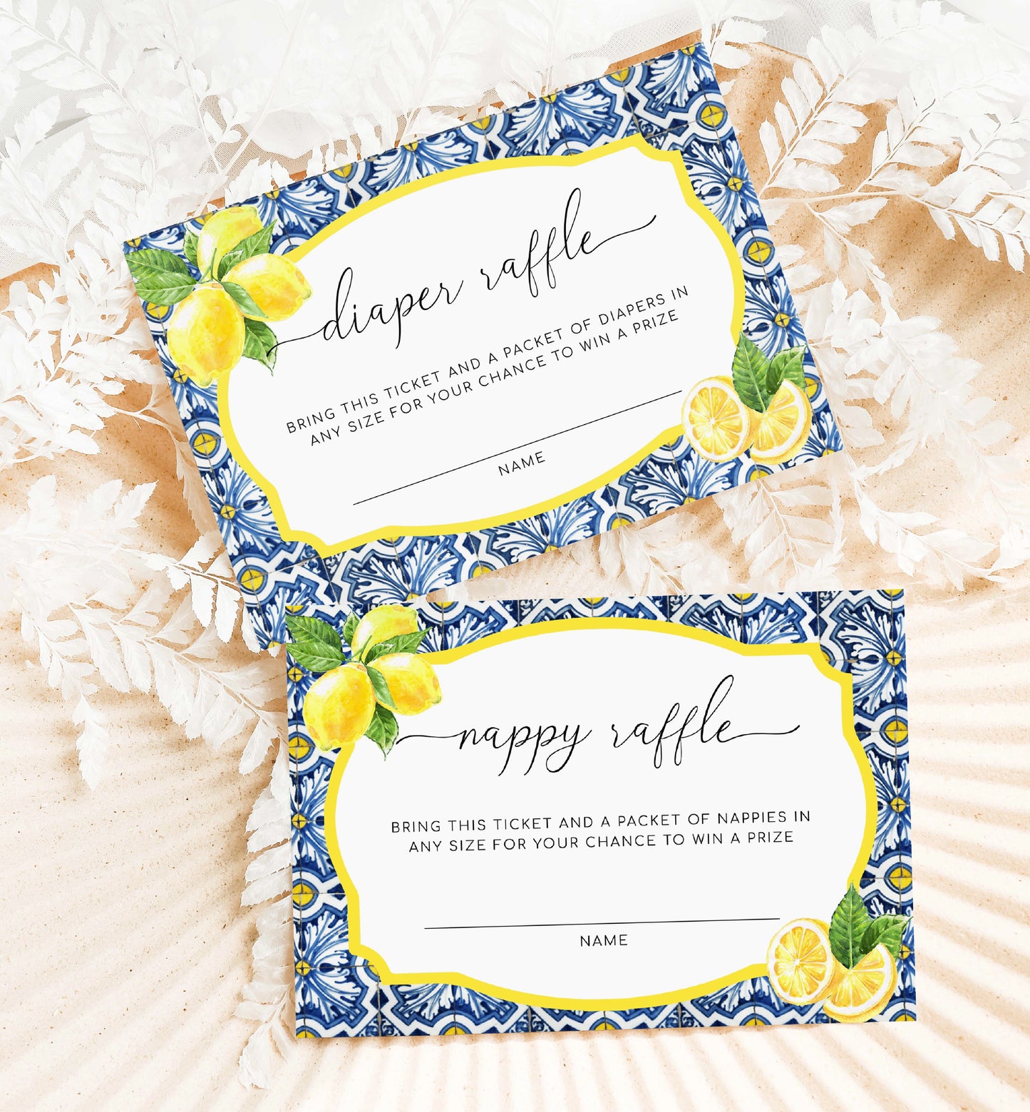 Printable Baby Shower Invitation, Book Request, Raffle Ticket, Positano Blue Tile Lemons, Italian Almalfi Coast, Boy Baby Shower Evite
