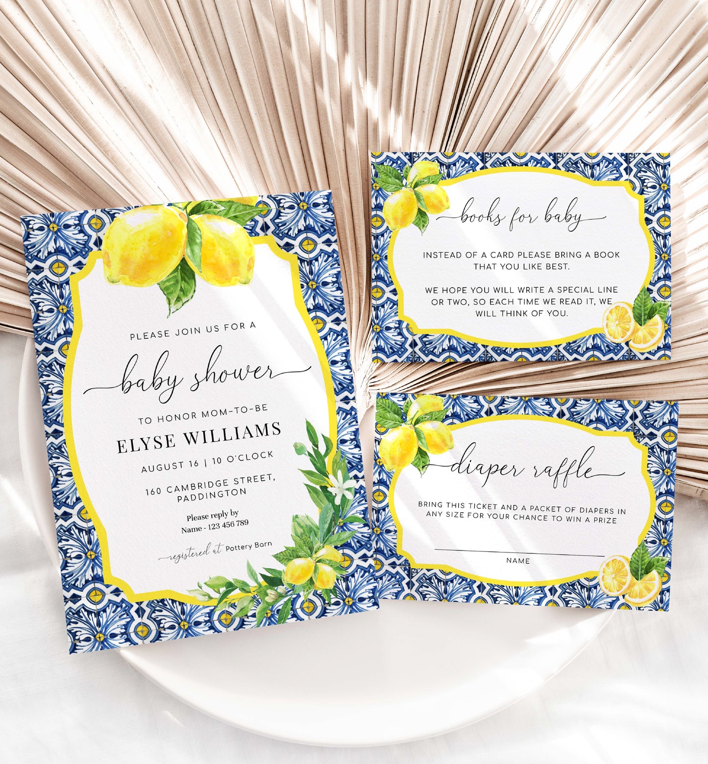 Printable Baby Shower Invitation, Book Request, Raffle Ticket, Positano Blue Tile Lemons, Italian Almalfi Coast, Boy Baby Shower Evite