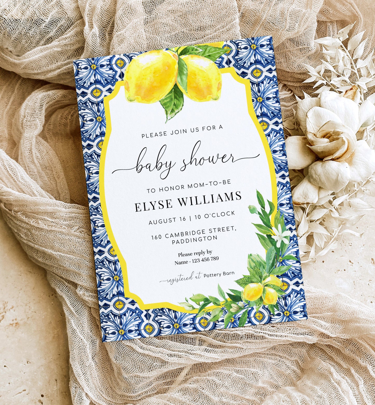 Printable Baby Shower Invitation, Book Request, Raffle Ticket, Positano Blue Tile Lemons, Italian Almalfi Coast, Boy Baby Shower Evite