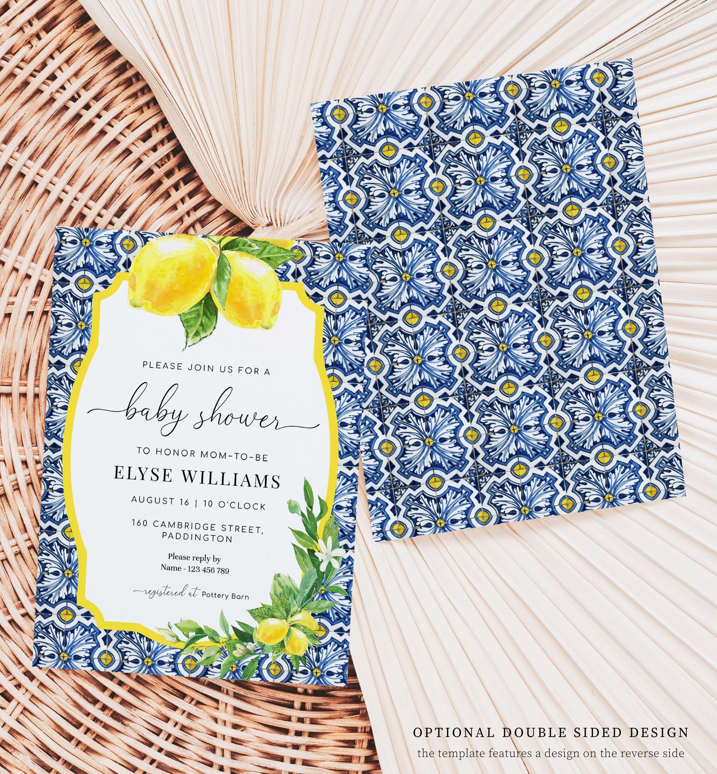 Printable Baby Shower Invitation, Book Request, Raffle Ticket, Positano Blue Tile Lemons, Italian Almalfi Coast, Boy Baby Shower Evite