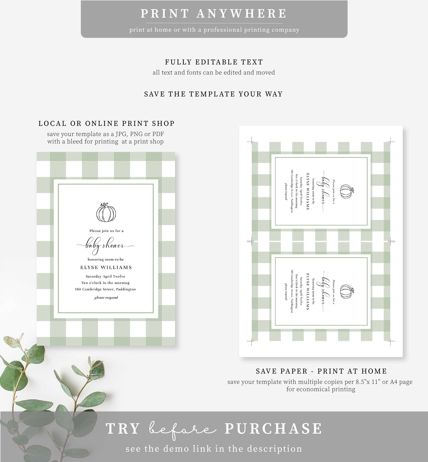 Gingham Sage Green Pumpkin | Printable Baby Shower Invitation Suite Template