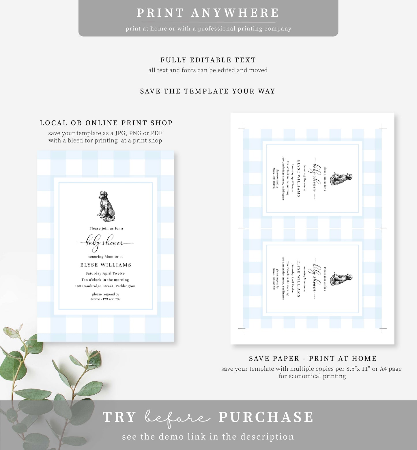 Gingham Blue Dog | Printable Baby Shower Invitation Template