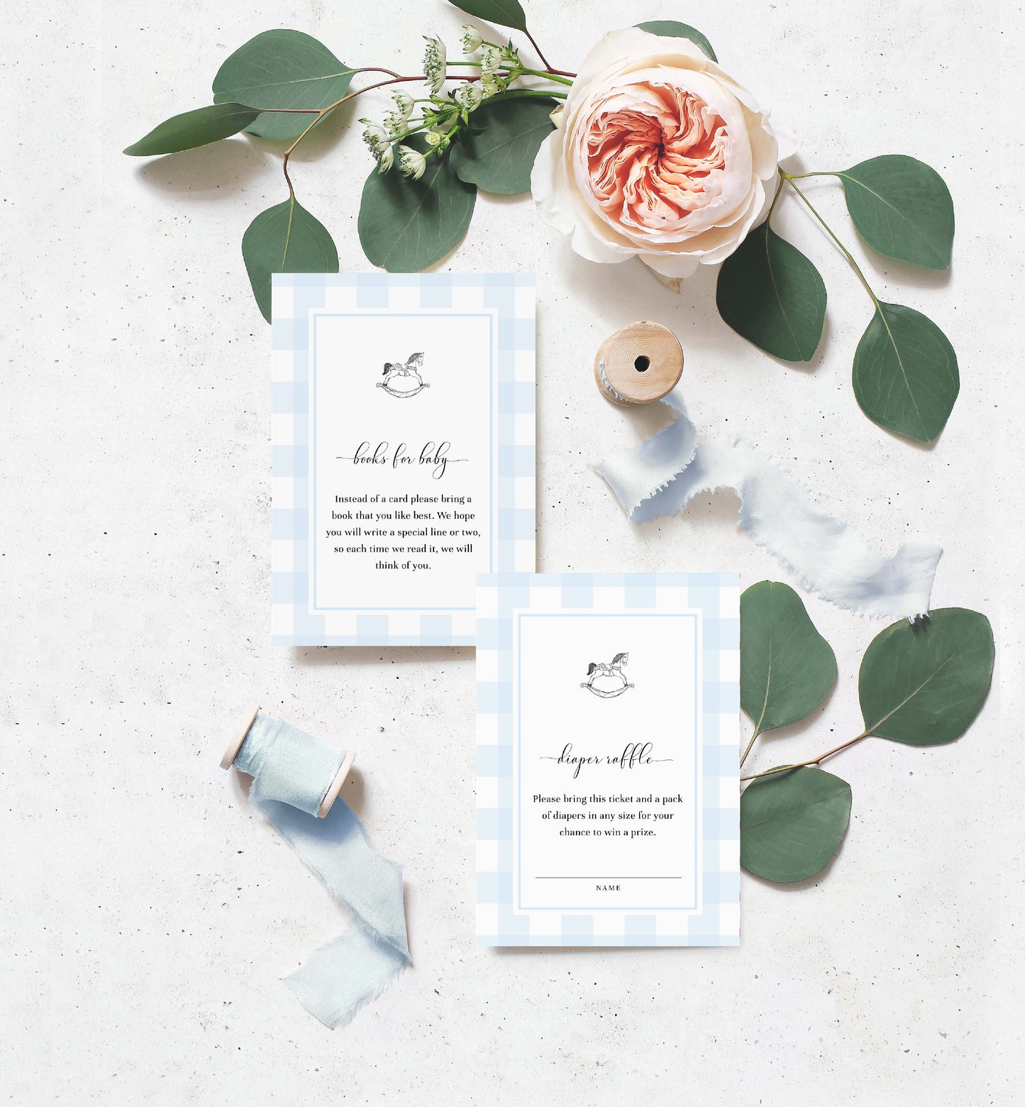 Gingham Blue Rocking Horse | Printable Baby Shower Invitation Suite
