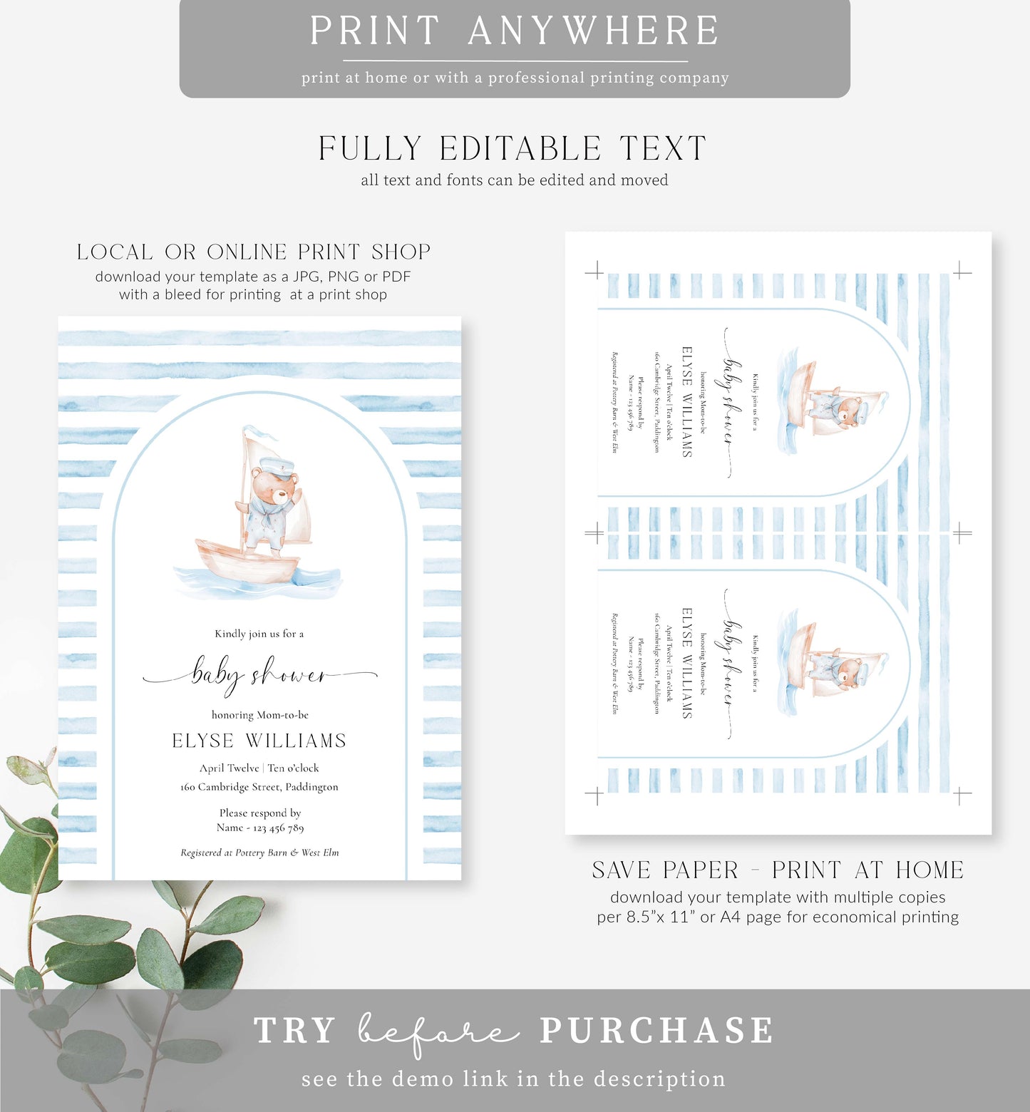 Sailor Bear Arch Blue | Printable Baby Shower Invitation Template