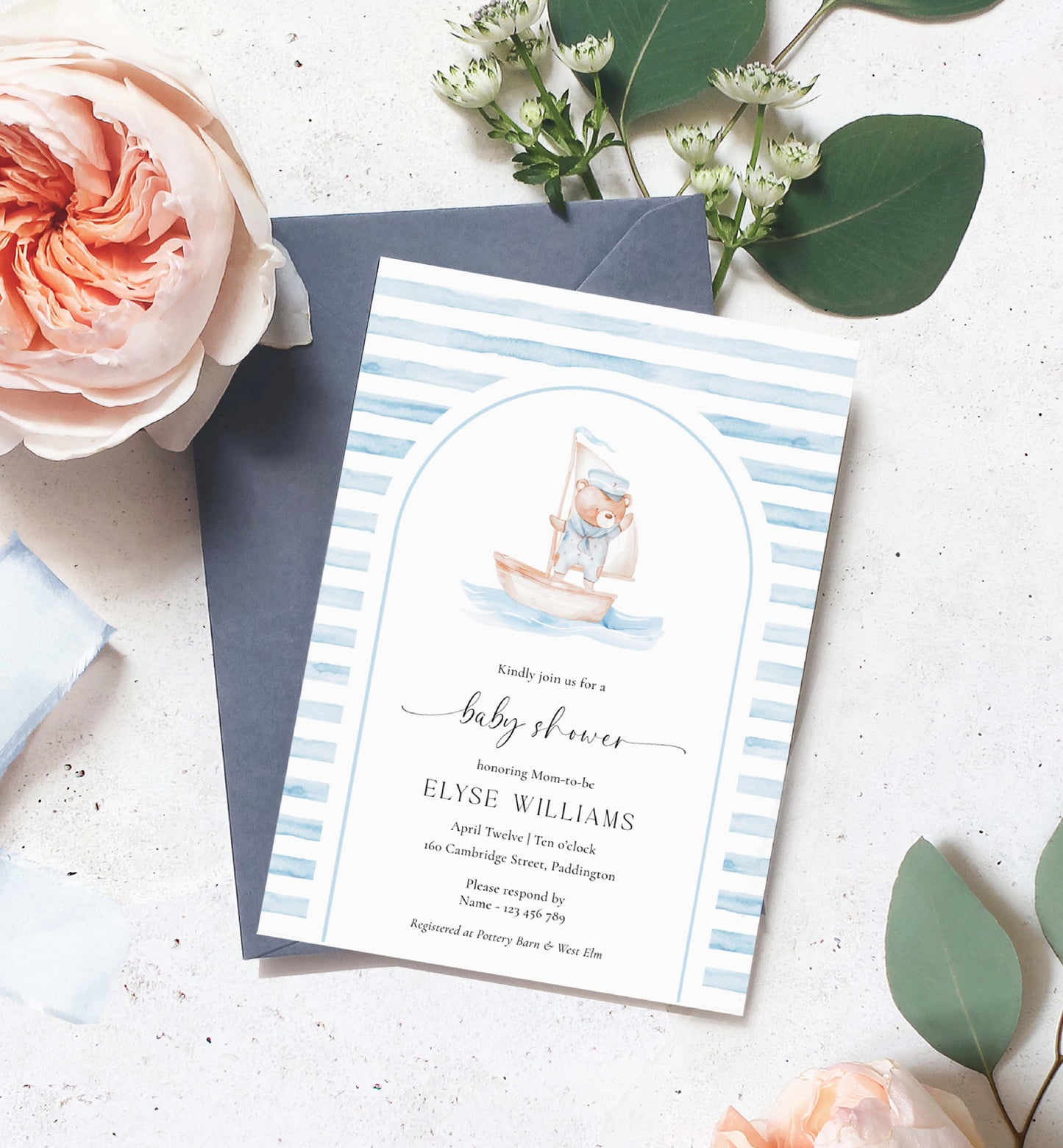 Printable Teddy Bear Baby Shower Arch Invitation Template, Sailor Bear, Blue Stripe Boy Baby Shower Invitation, Nautical Baby Shower Evite, We Can Bearly Wait Teddy Bear Baby Shower