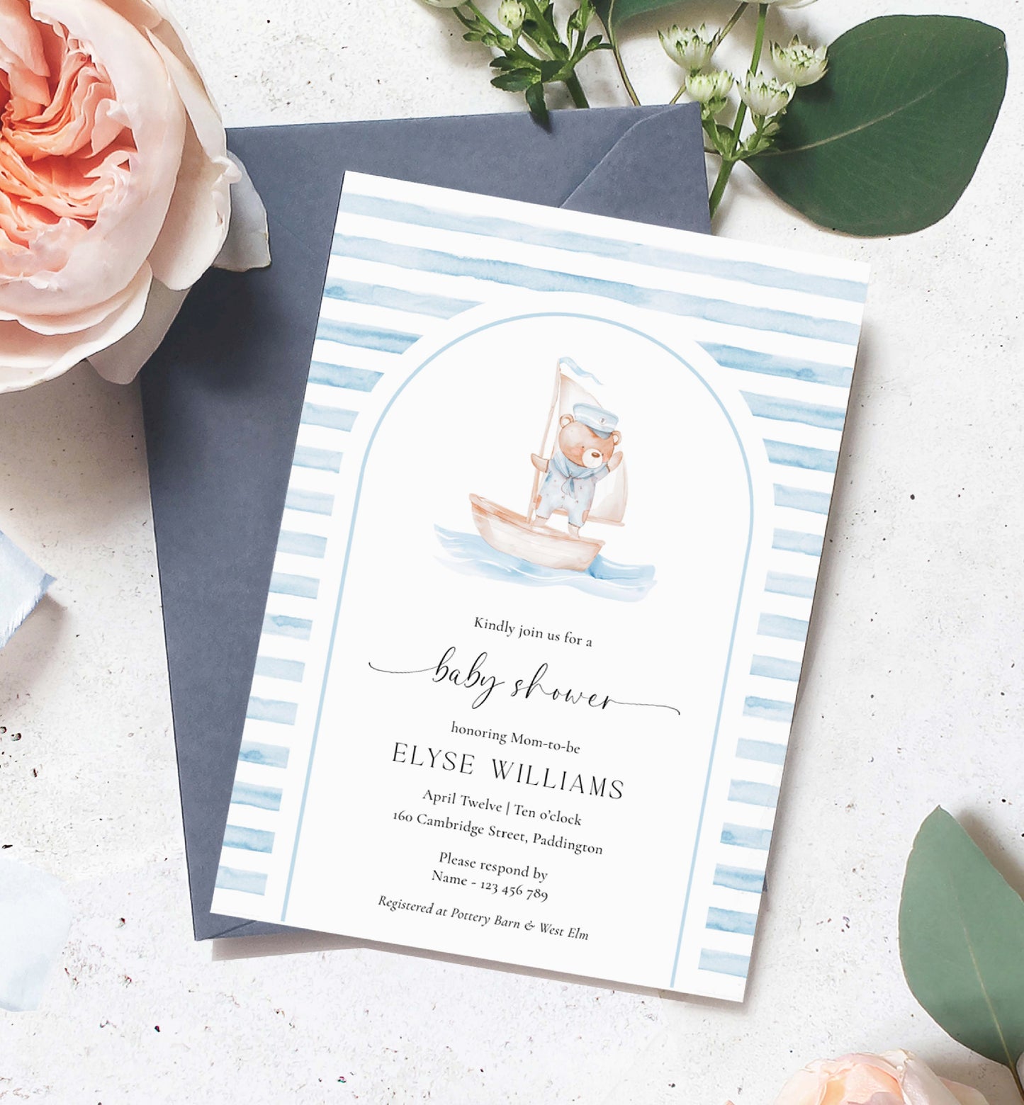 Printable Teddy Bear Baby Shower Arch Invitation Template, Sailor Bear, Blue Stripe Boy Baby Shower Invitation, Nautical Baby Shower Evite, We Can Bearly Wait Teddy Bear Baby Shower