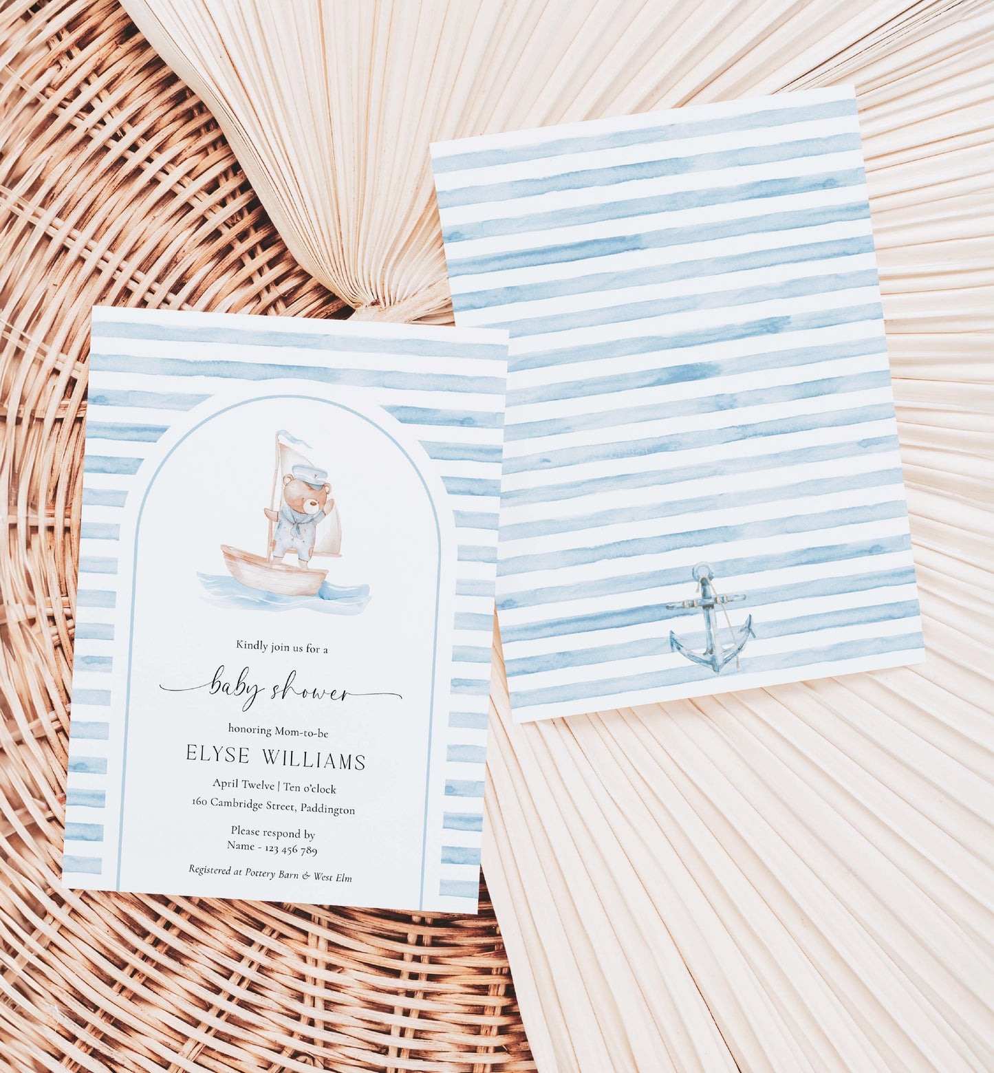 Printable Teddy Bear Baby Shower Arch Invitation Template, Sailor Bear, Blue Stripe Boy Baby Shower Invitation, Nautical Baby Shower Evite, We Can Bearly Wait Teddy Bear Baby Shower