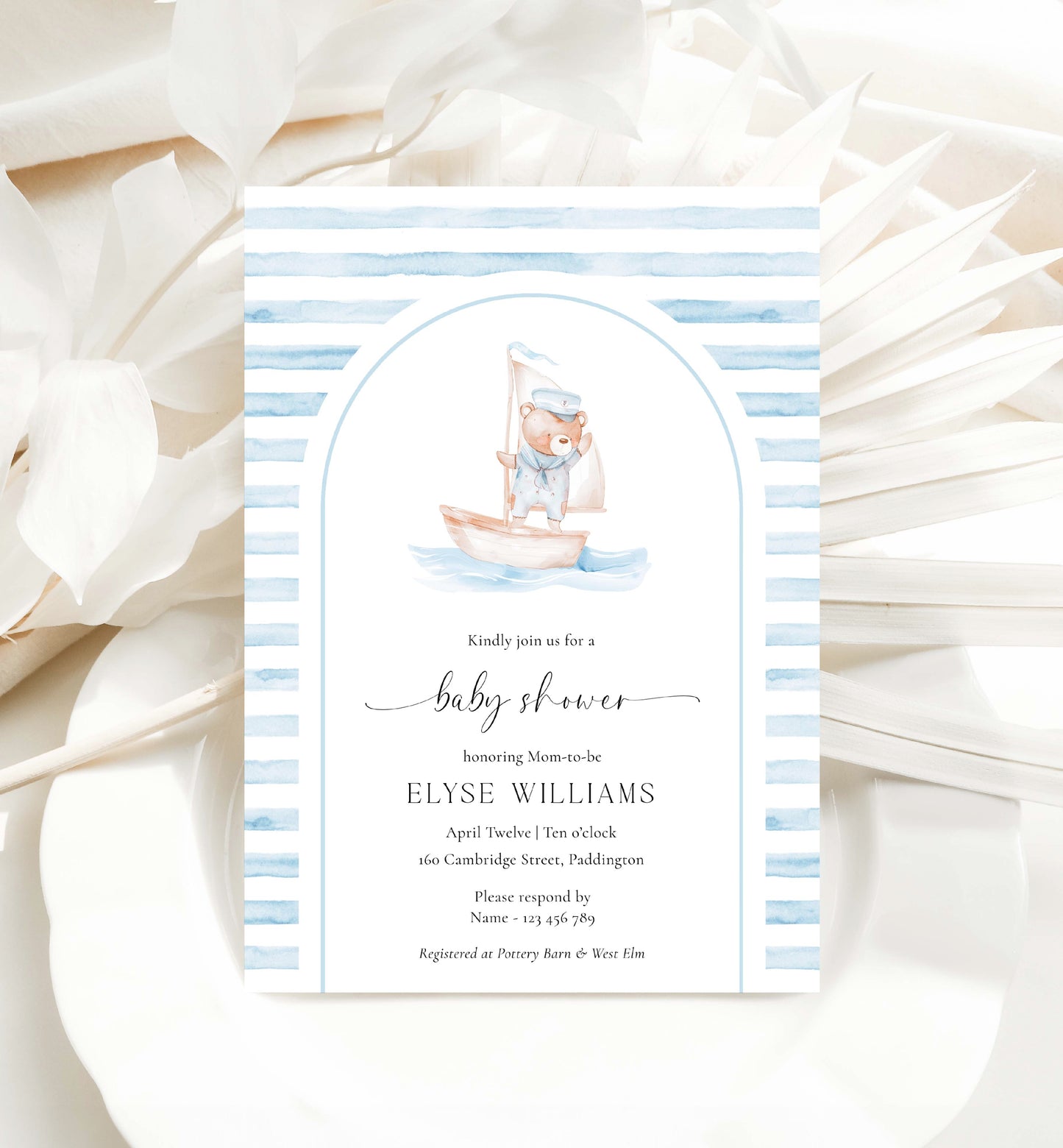 Printable Teddy Bear Baby Shower Arch Invitation Template, Sailor Bear, Blue Stripe Boy Baby Shower Invitation, Nautical Baby Shower Evite, We Can Bearly Wait Teddy Bear Baby Shower