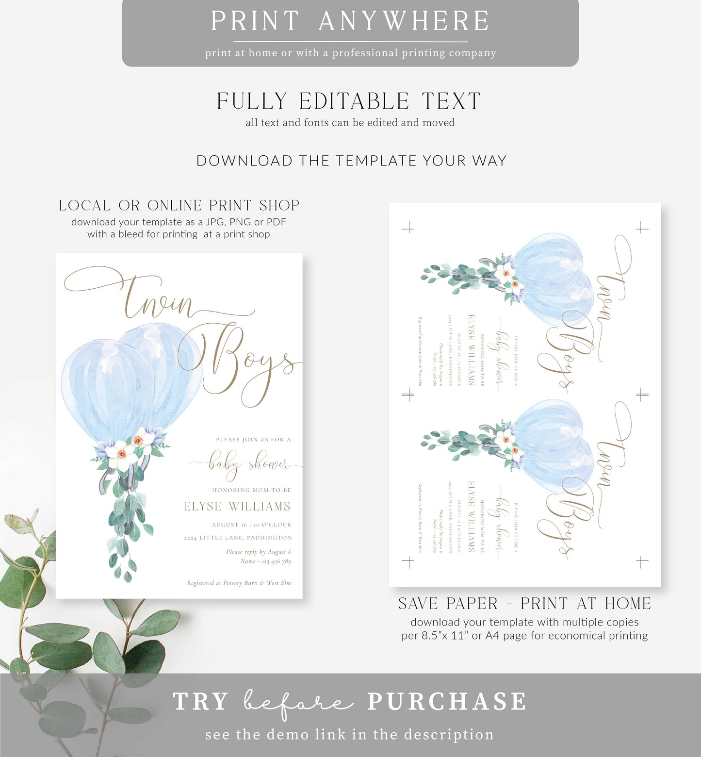 Darlington Blue | Printable Twins Baby Shower Invitation Template