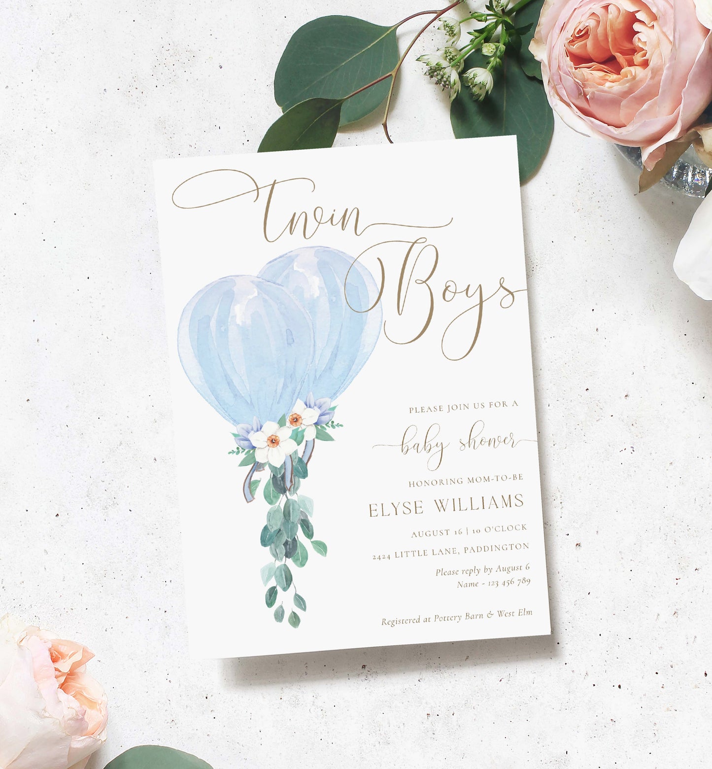 Twin Boys Baby Shower Invite, Book Request, Diaper Raffle Ticket, Blue Balloon, Printable Boy Baby Shower Invite, Darlington