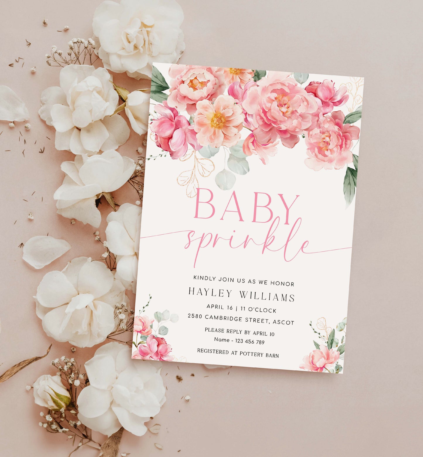 Printable Baby Sprinkle Invitation Template, Editable Hot Pink Peony Baby Shower Invitation, Spring Floral Girl Baby Shower Evite, Piper