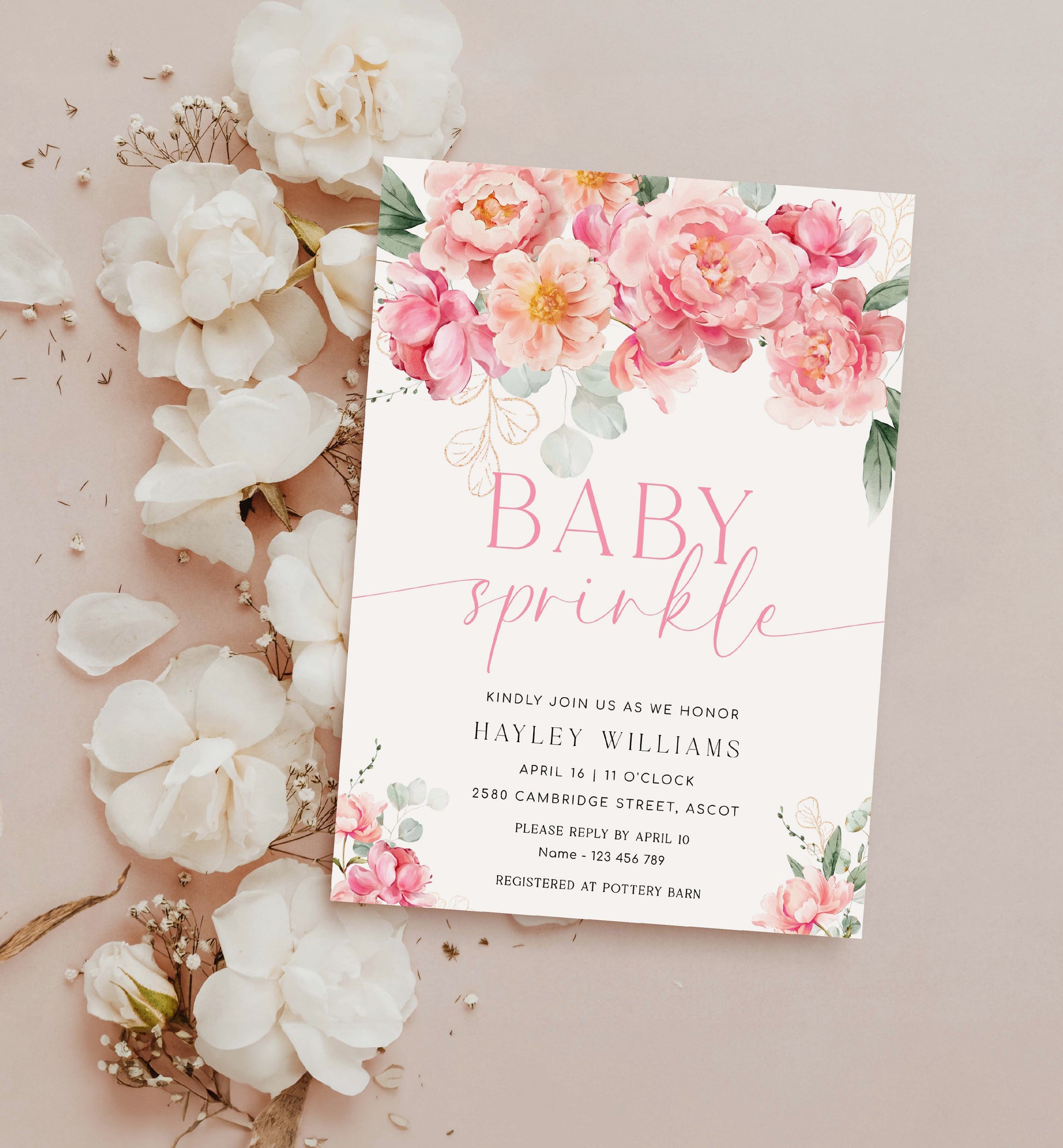 Printable Baby Sprinkle Invitation Template, Editable Hot Pink Peony Baby Shower Invitation, Spring Floral Girl Baby Shower Evite, Piper