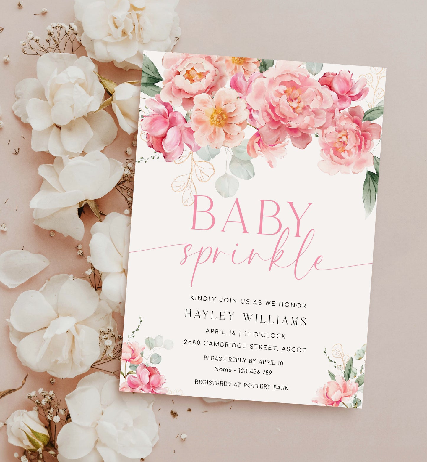 Printable Baby Sprinkle Invitation Template, Editable Hot Pink Peony Baby Shower Invitation, Spring Floral Girl Baby Shower Evite, Piper