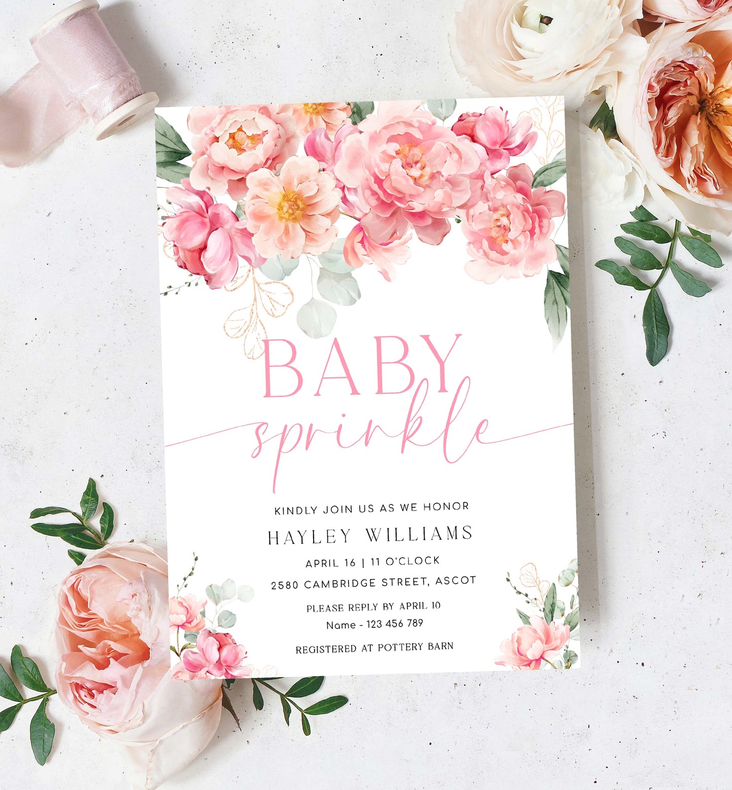 Printable Baby Sprinkle Invitation Template, Editable Hot Pink Peony Baby Shower Invitation, Spring Floral Girl Baby Shower Evite, Piper