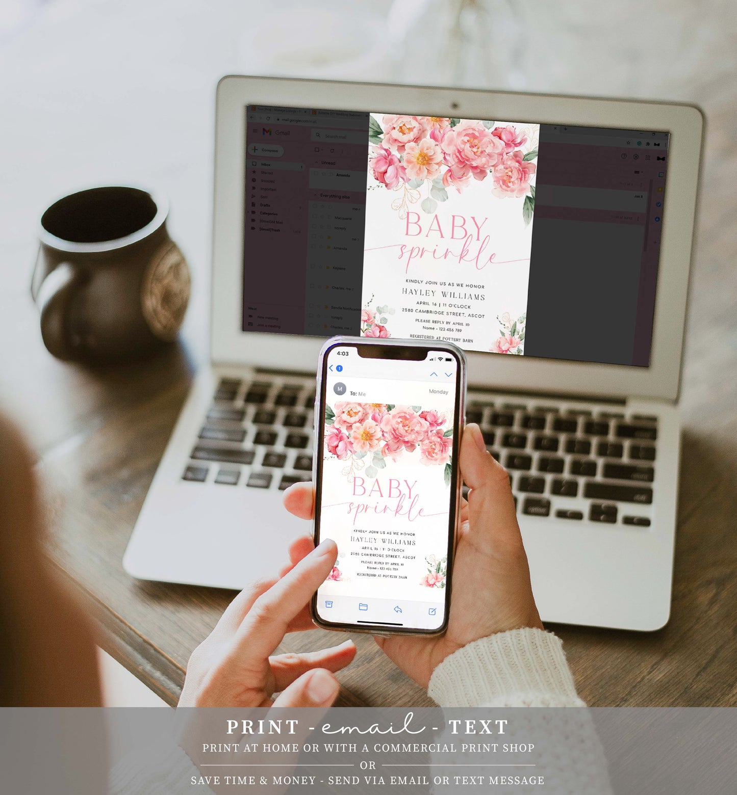 Printable Baby Sprinkle Invitation Template, Editable Hot Pink Peony Baby Shower Invitation, Spring Floral Girl Baby Shower Evite, Piper