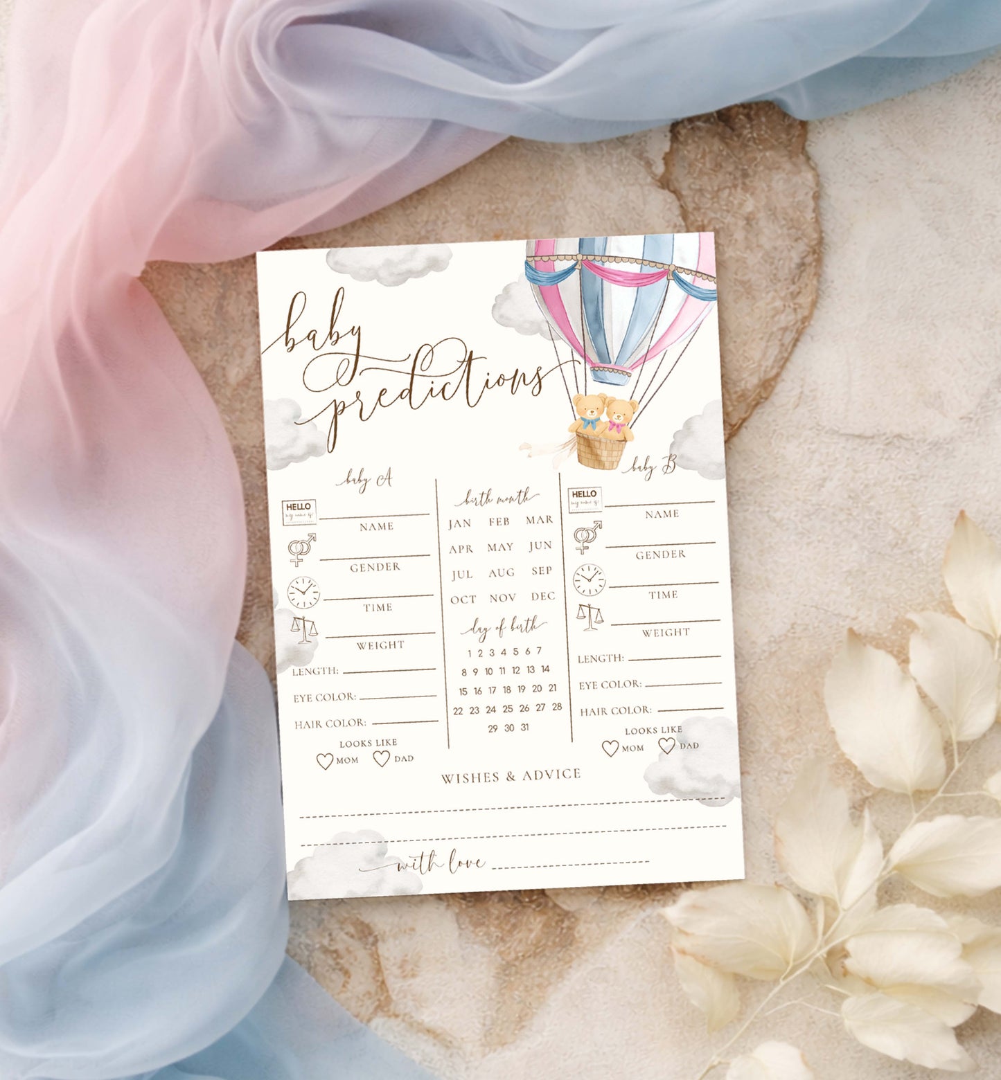 Printable Twins Baby Predictions Game, Bearly Wait Boy Girl Twin Baby Shower Games, Teddy Bear Hot Air Balloon Baby Shower, Wishes For Baby