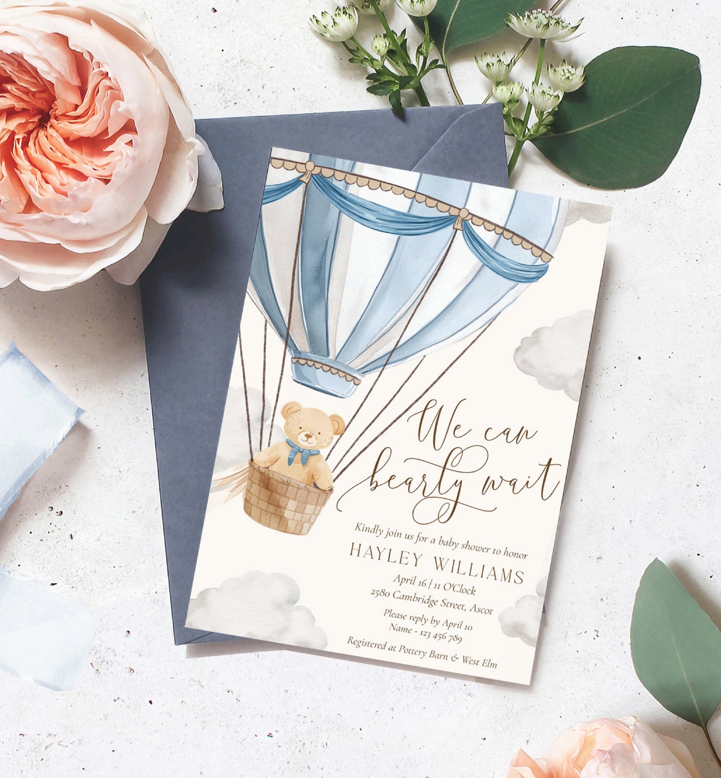 Printable Bearly Wait Baby Shower Invitation Template, Teddy Bear Boy Baby Shower, Hot Air Balloon Baby Shower, Baby Shower Evite